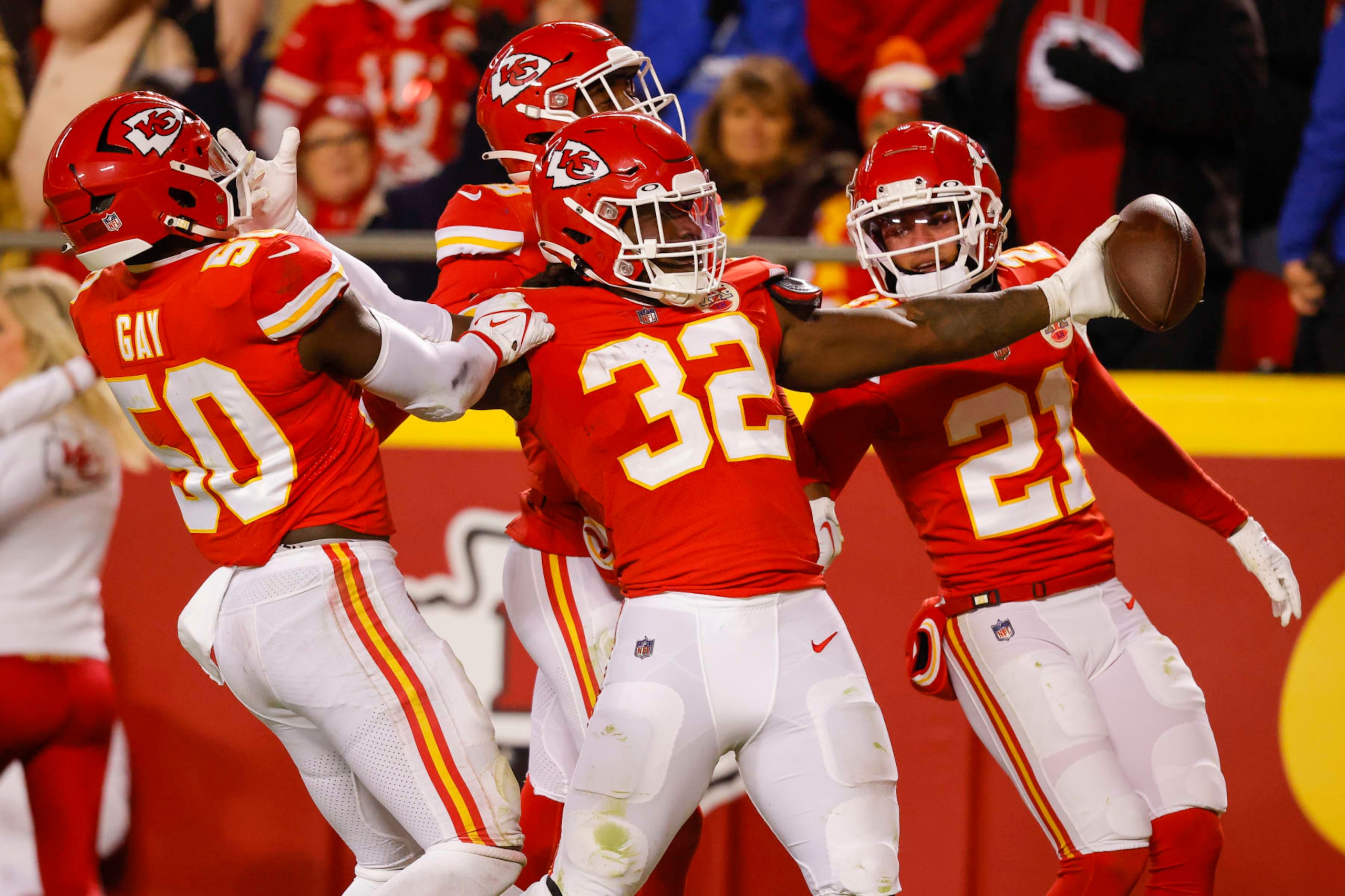 KANSAS CITY, MO - NOVEMBER 27: Nick Bolton #32 of the Kansas City Chiefs celebrates his fourth quarter interception against the Los Angeles Rams at Arrowhead Stadium on November 27, 2022 in Kansas City, Missouri. (Photo by David Eulitt/Getty Images)