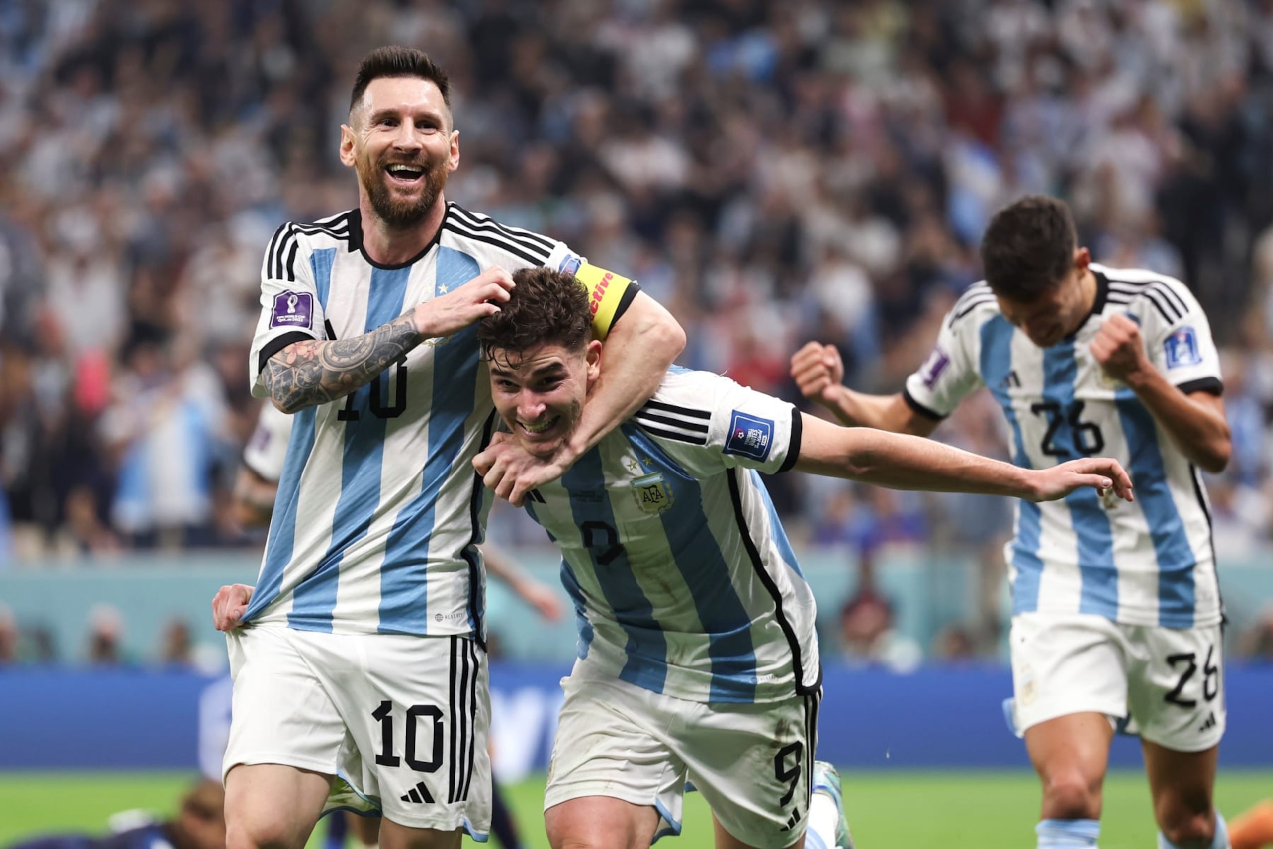 Julian Alvarez C of Argentina celebrates scoring team's second goal with Lionel Messi during the Semifinal between Argentina and Croatia at the 2022 FIFA World Cup at Lusail Stadium in Lusail, Qatar, Dec. 13, 2022. (Photo by Xu Zijian/Xinhua via Getty Images)
