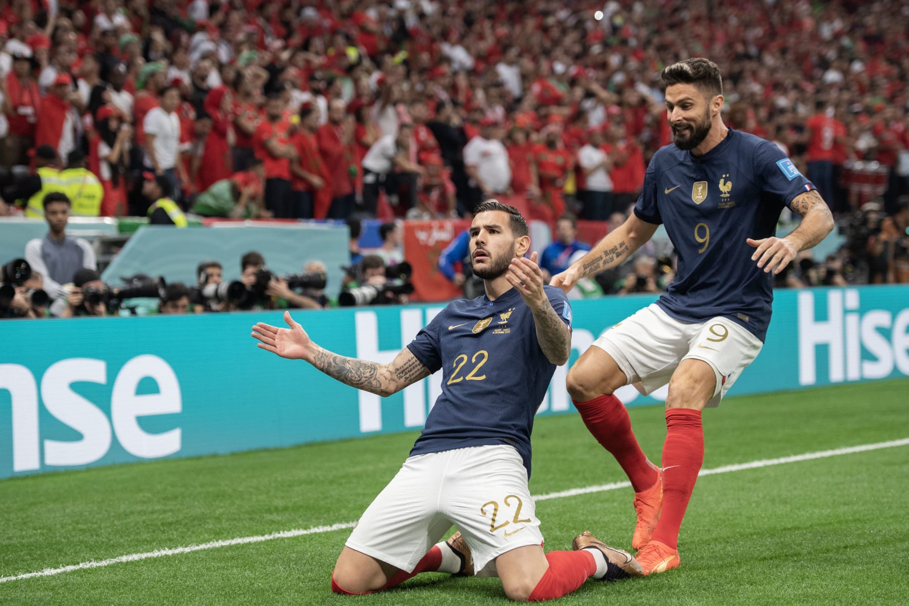 France's Theo Hernández (left) celebrates next to Olivier Giroud 