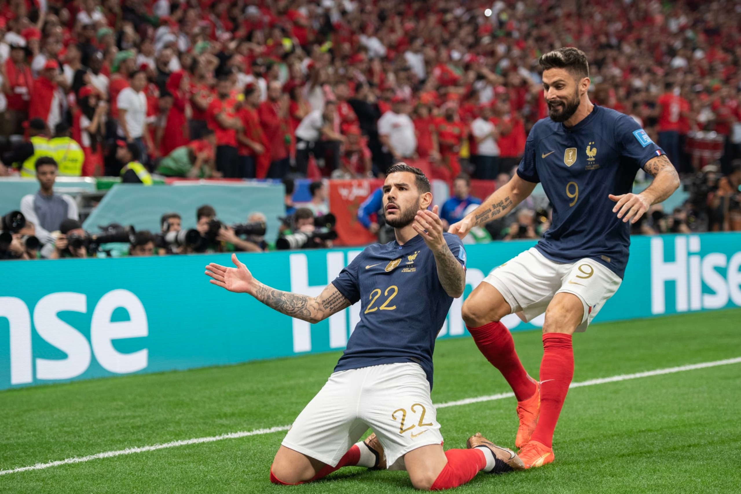 France's Theo Hernández (left) celebrates next to Olivier Giroud 