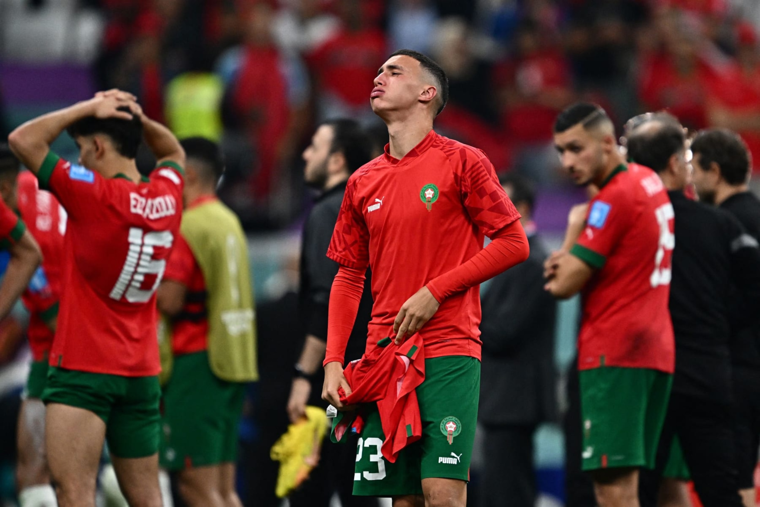 Morocco's Bilal El Khannouss reacts after losing to France.