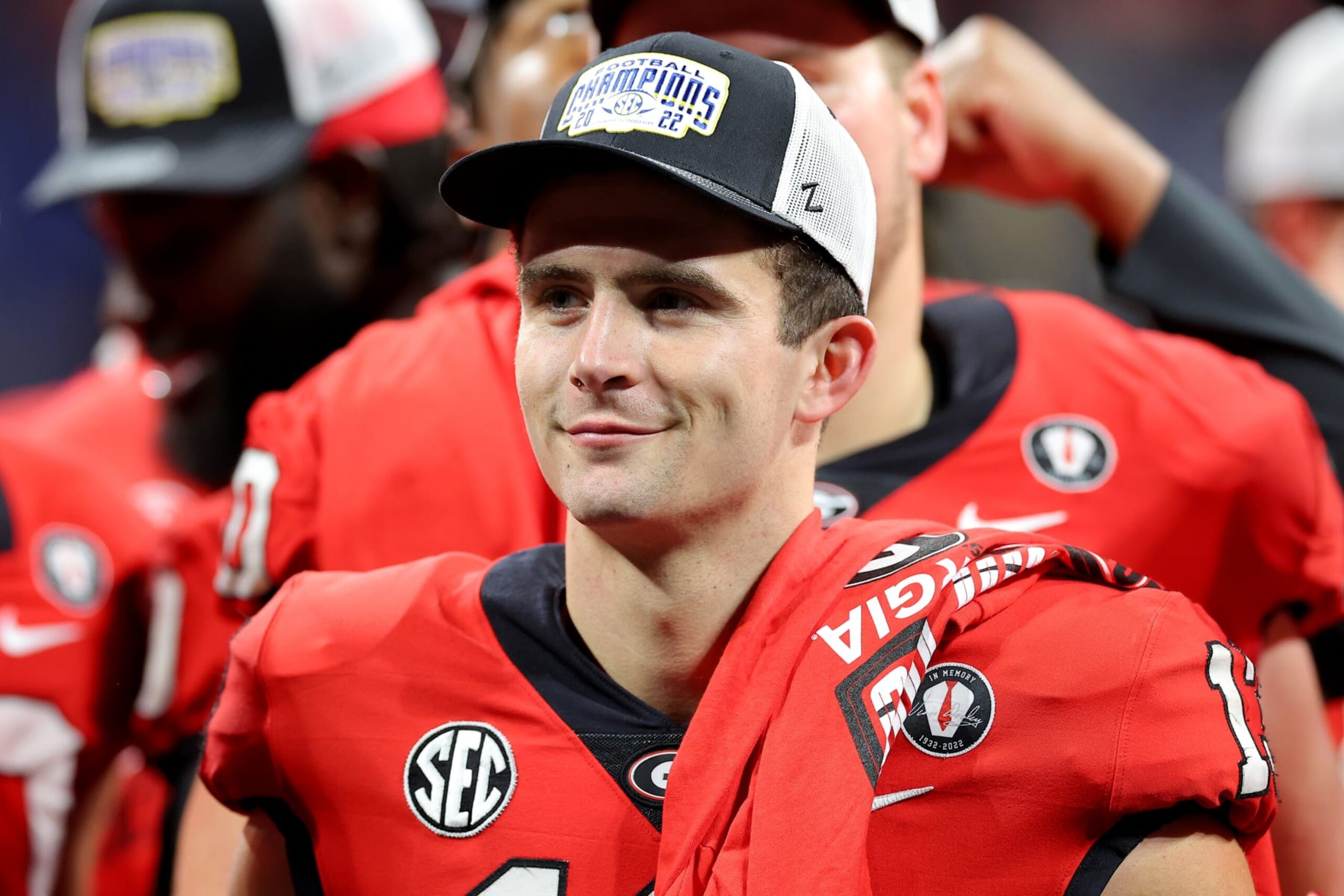 ATLANTA, GEORGIA - DECEMBER 03: Stetson Bennett #13 of the Georgia Bulldogs celebrates after defeating the LSU Tigers in the SEC Championship game at Mercedes-Benz Stadium on December 03, 2022 in Atlanta, Georgia. (Photo by Kevin C. Cox/Getty Images) ATLANTA, GEORGIA - DECEMBER 03: Stetson Bennett #13 of the Georgia Bulldogs celebrates after defeating the LSU Tigers in the SEC Championship game at Mercedes-Benz Stadium on December 03, 2022 in Atlanta, Georgia. (Photo by Kevin C. Cox/Getty Images)