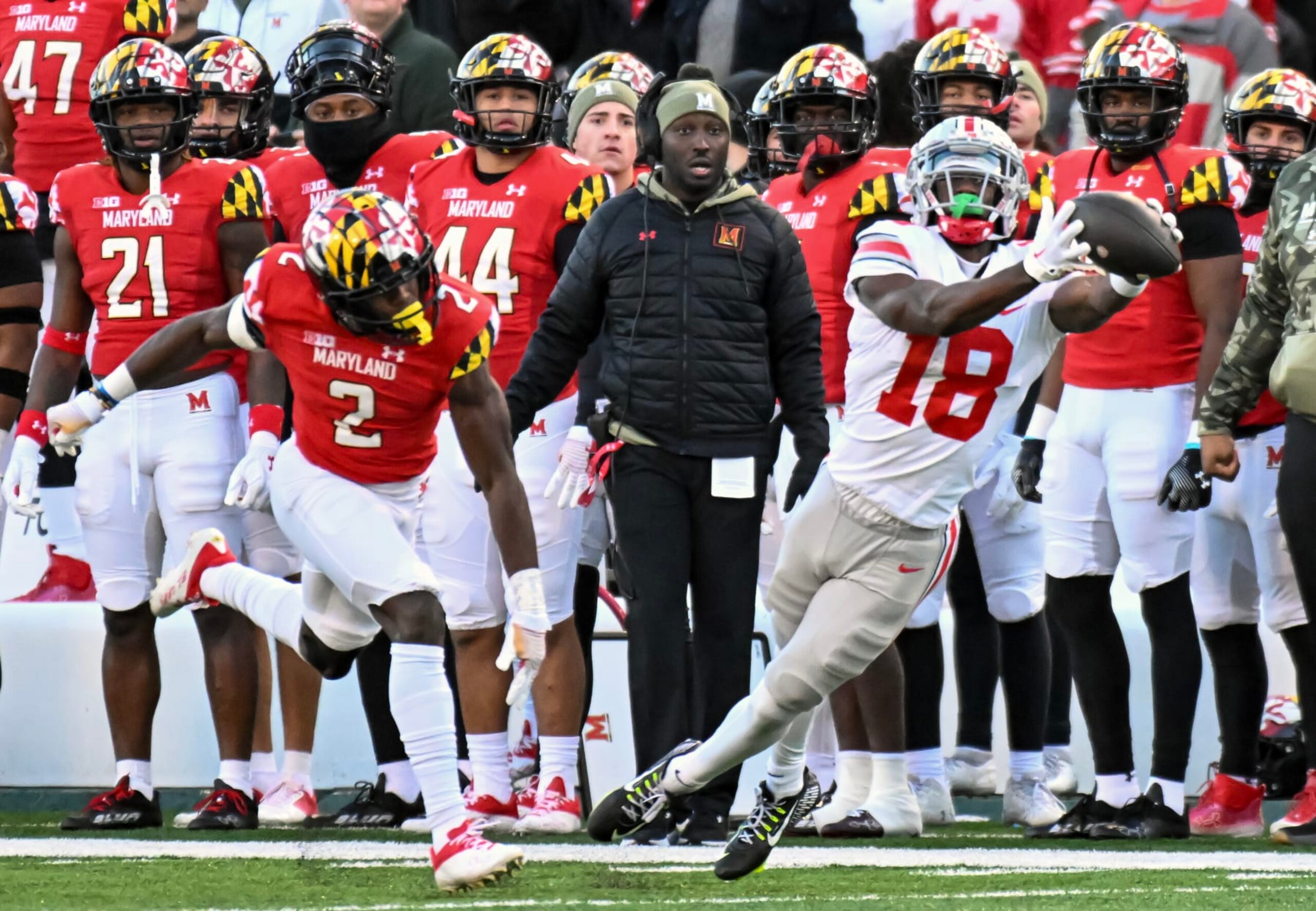 COLLEGE PARK, MD - NOVEMBER 19: Ohio State Buckeyes wide receiver Marvin Harrison Jr. (18) makes a one handed catch against Maryland Terrapins defensive back Jakorian Bennett (2) during the Ohio State Buckeyes game versus the Maryland Terrapins on November 19, 2022 at SECU Stadium in College Park, MD. (Photo by Mark Goldman/Icon Sportswire via Getty Images) COLLEGE PARK, MD - NOVEMBER 19: Ohio State Buckeyes wide receiver Marvin Harrison Jr. (18) makes a one handed catch against Maryland Terrapins defensive back Jakorian Bennett (2) during the Ohio State Buckeyes game versus the Maryland Terrapins on November 19, 2022 at SECU Stadium in College Park, MD. (Photo by Mark Goldman/Icon Sportswire via Getty Images)