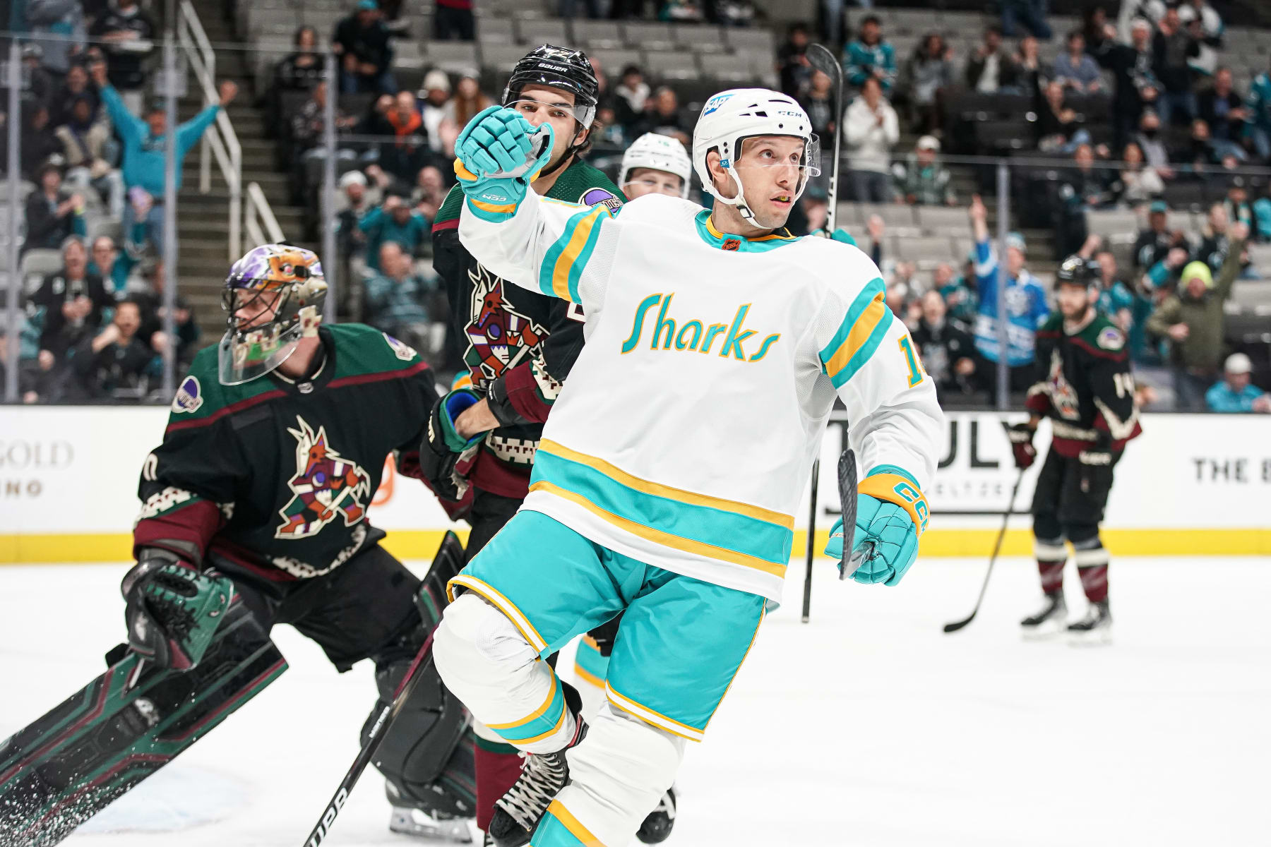 SAN JOSE, CA - DECEMBER 13: Nick Bonino #13 of the San Jose Sharks celebrates scoring a goal against the Arizona Coyotes at SAP Center on December 13, 2022 in San Jose, California. (Photo by Kavin Mistry/NHLI via Getty Images)