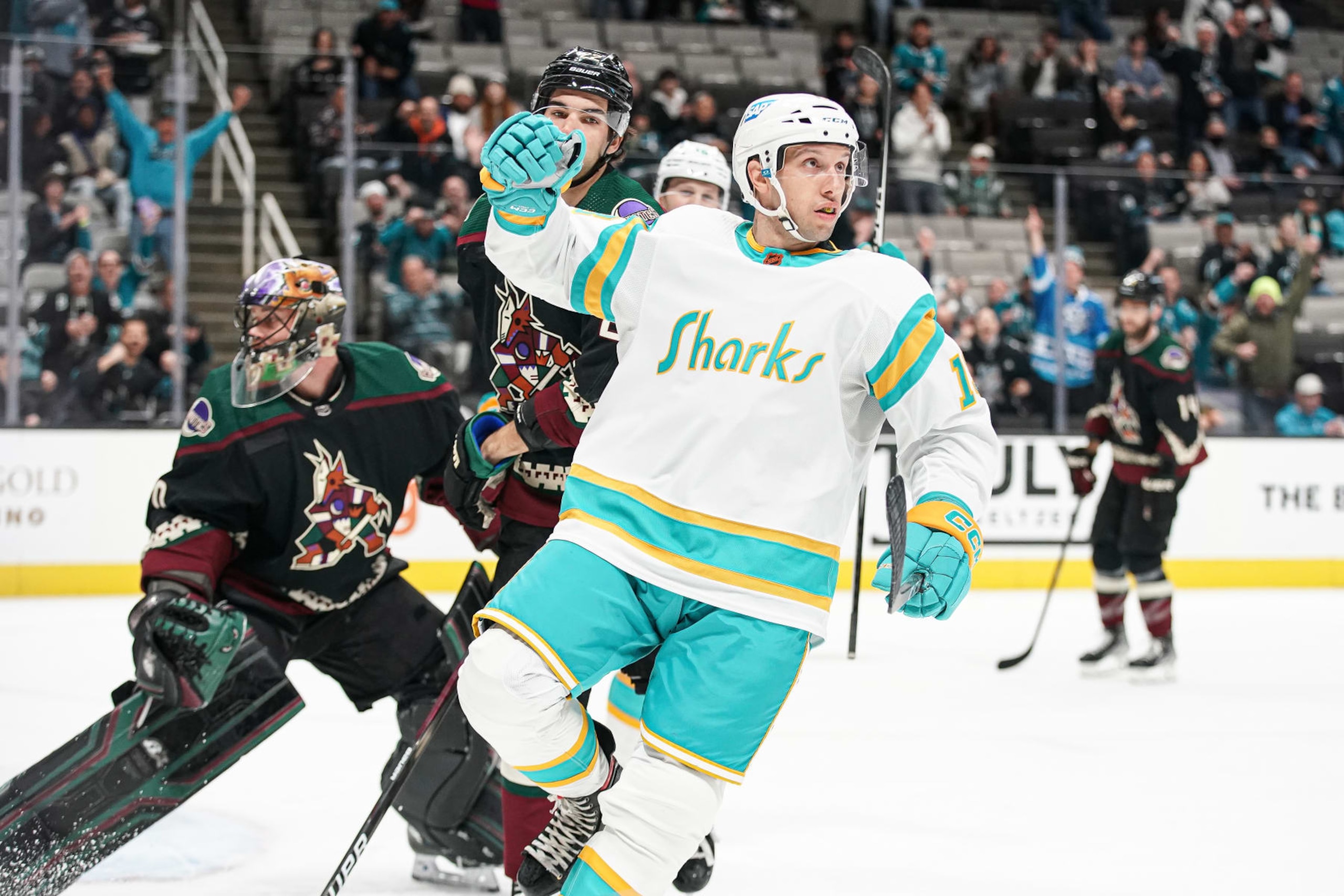 SAN JOSE, CA - DECEMBER 13: Nick Bonino #13 of the San Jose Sharks celebrates scoring a goal against the Arizona Coyotes at SAP Center on December 13, 2022 in San Jose, California. (Photo by Kavin Mistry/NHLI via Getty Images) SAN JOSE, CA - DECEMBER 13: Nick Bonino #13 of the San Jose Sharks celebrates scoring a goal against the Arizona Coyotes at SAP Center on December 13, 2022 in San Jose, California. (Photo by Kavin Mistry/NHLI via Getty Images)