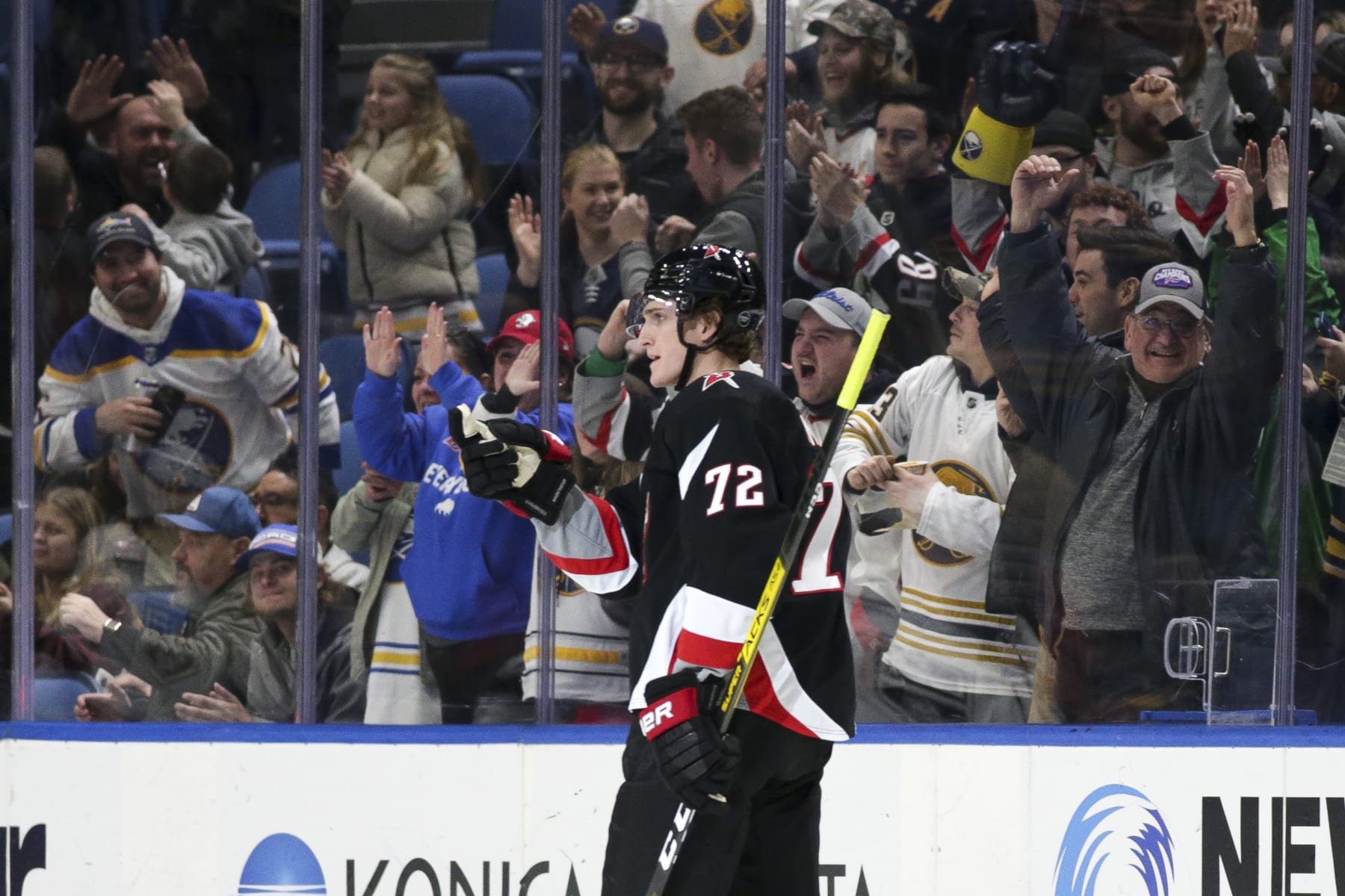 BUFFALO, NEW YORK - DECEMBER 13: Tage Thompson #72 of the Buffalo Sabres celebrates scoring a goal during the third period of an NHL hockey game against the Los Angeles Kings at KeyBank Center on December 13, 2022 in Buffalo, New York. (Photo by Joshua Bessex/Getty Images)