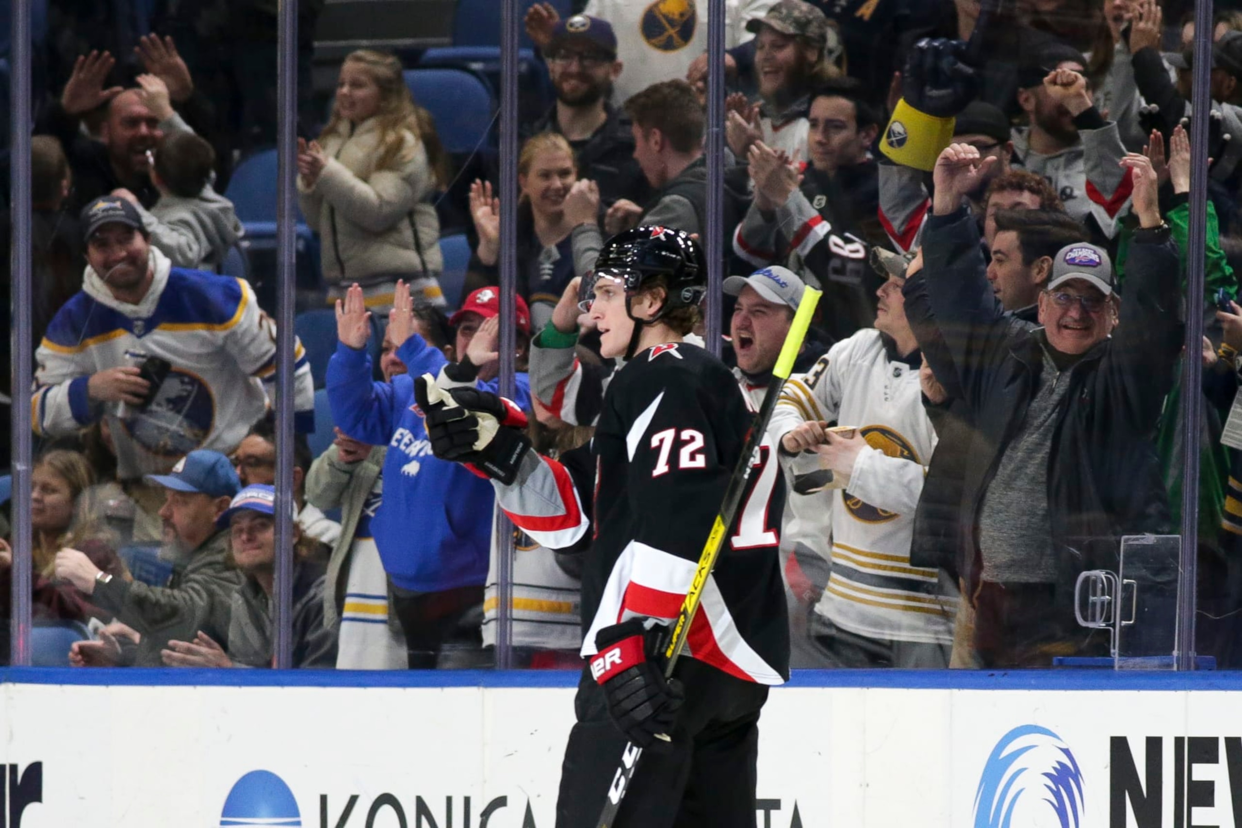 BUFFALO, NEW YORK - DECEMBER 13: Tage Thompson #72 of the Buffalo Sabres celebrates scoring a goal during the third period of an NHL hockey game against the Los Angeles Kings at KeyBank Center on December 13, 2022 in Buffalo, New York. (Photo by Joshua Bessex/Getty Images) BUFFALO, NEW YORK - DECEMBER 13: Tage Thompson #72 of the Buffalo Sabres celebrates scoring a goal during the third period of an NHL hockey game against the Los Angeles Kings at KeyBank Center on December 13, 2022 in Buffalo, New York. (Photo by Joshua Bessex/Getty Images)