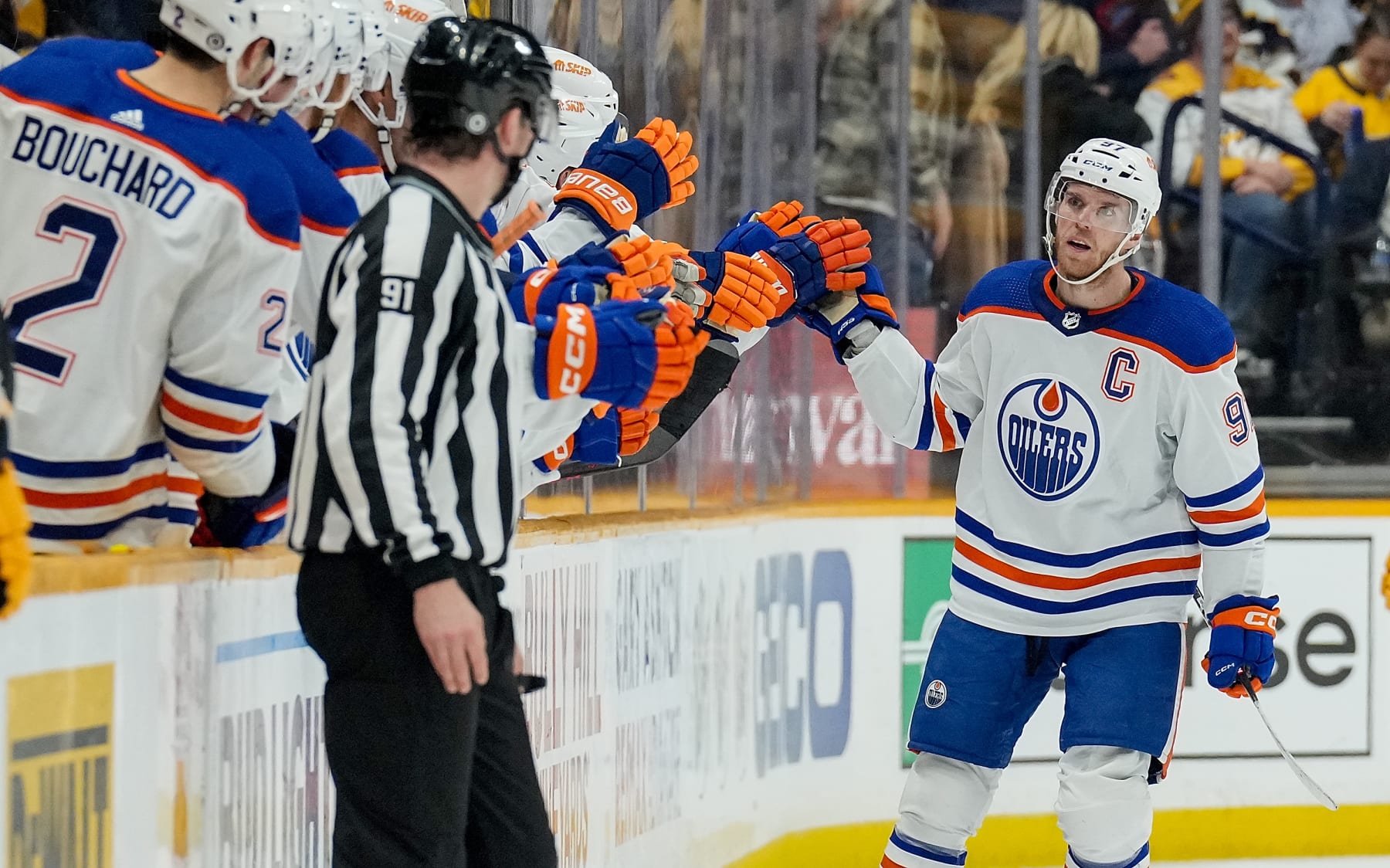 NASHVILLE, TENNESSEE - DECEMBER 13: Connor McDavid #97 of the Edmonton Oilers celebrates his goal against the Nashville Predators during an NHL game at Bridgestone Arena on December 13, 2022 in Nashville, Tennessee. (Photo by John Russell/NHLI via Getty Images)