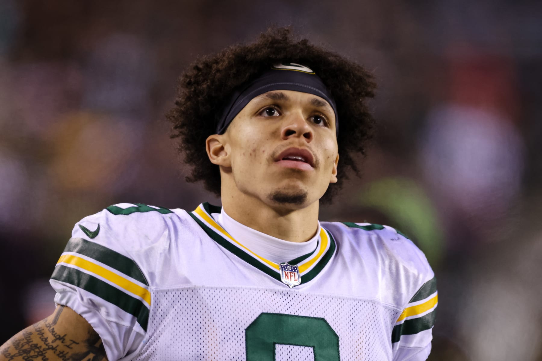 PHILADELPHIA, PA - NOVEMBER 27: Christian Watson #9 of the Green Bay Packers looks on against the Philadelphia Eagles during the second half at Lincoln Financial Field on November 27, 2022 in Philadelphia, Pennsylvania. (Photo by Scott Taetsch/Getty Images)