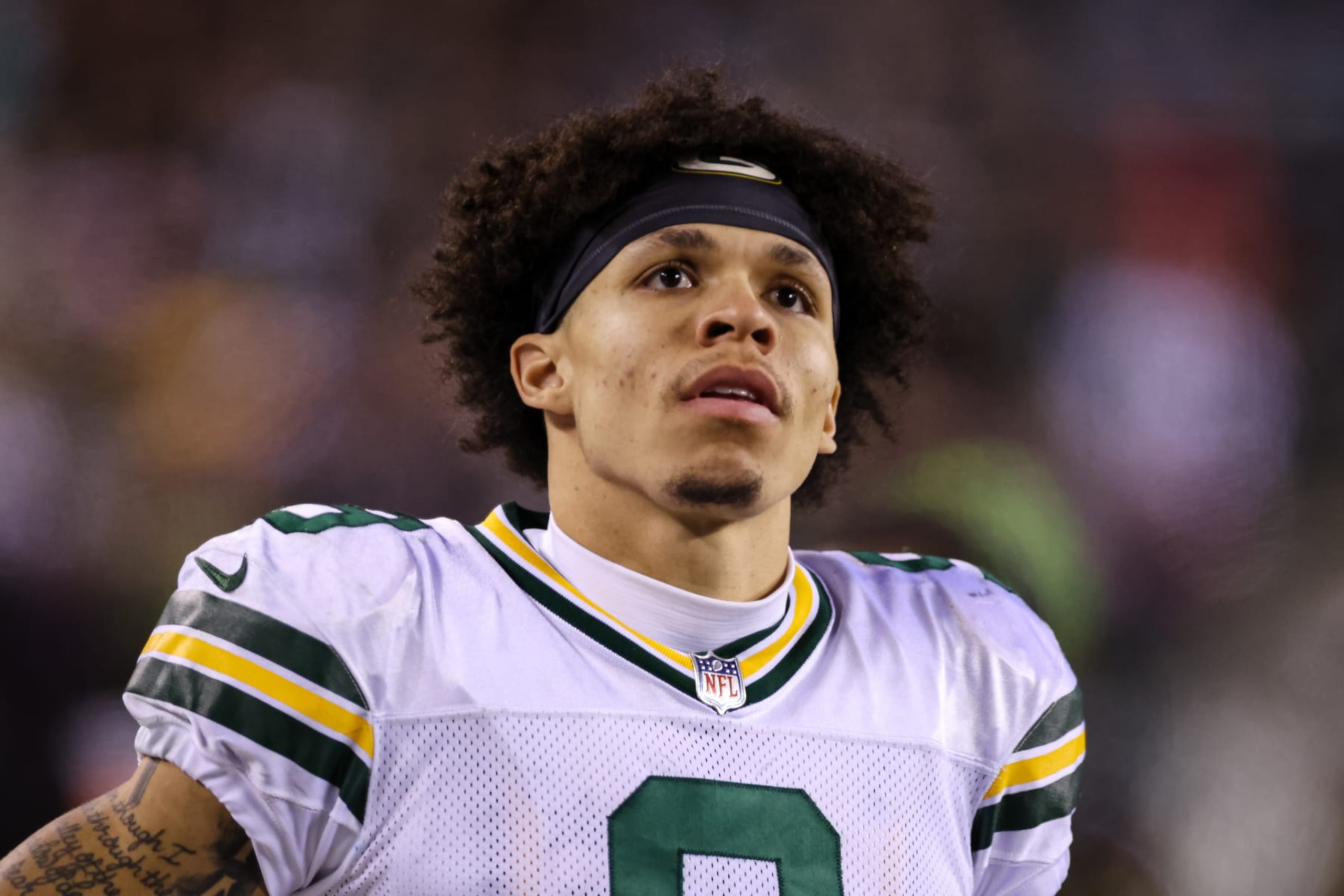 PHILADELPHIA, PA - NOVEMBER 27: Christian Watson #9 of the Green Bay Packers looks on against the Philadelphia Eagles during the second half at Lincoln Financial Field on November 27, 2022 in Philadelphia, Pennsylvania. (Photo by Scott Taetsch/Getty Images)