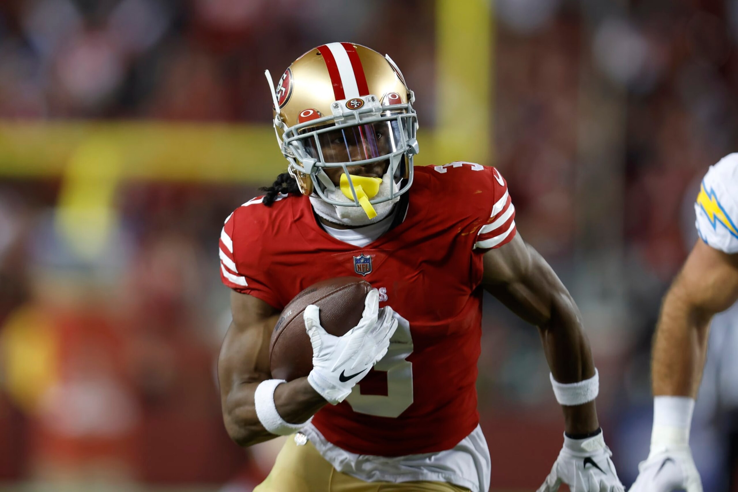 San Francisco 49ers wide receiver Ray-Ray McCloud III (3) against the Los Angeles Chargers during an NFL football game in Santa Clara, Calif., Sunday, Nov. 13, 2022. (AP Photo/Jed Jacobsohn)