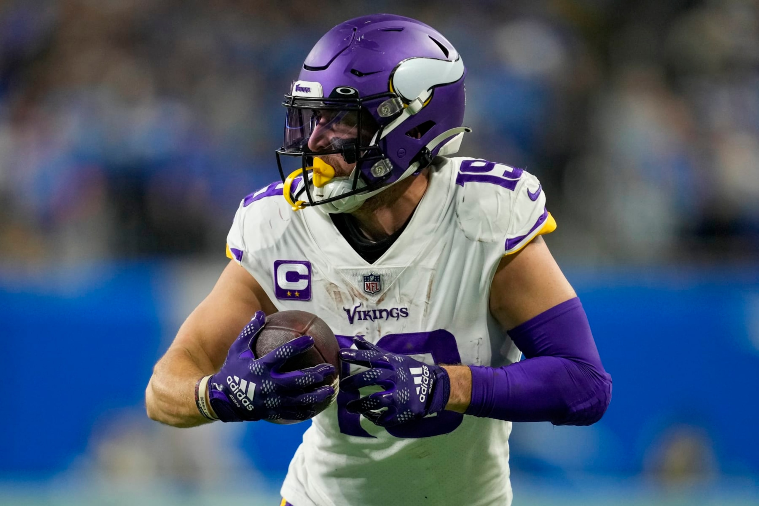 Minnesota Vikings' Adam Thielen catches a touchdown pass during the second half of an NFL football game against the Detroit Lions Sunday, Dec. 11, 2022, in Detroit. (AP Photo/Paul Sancya)