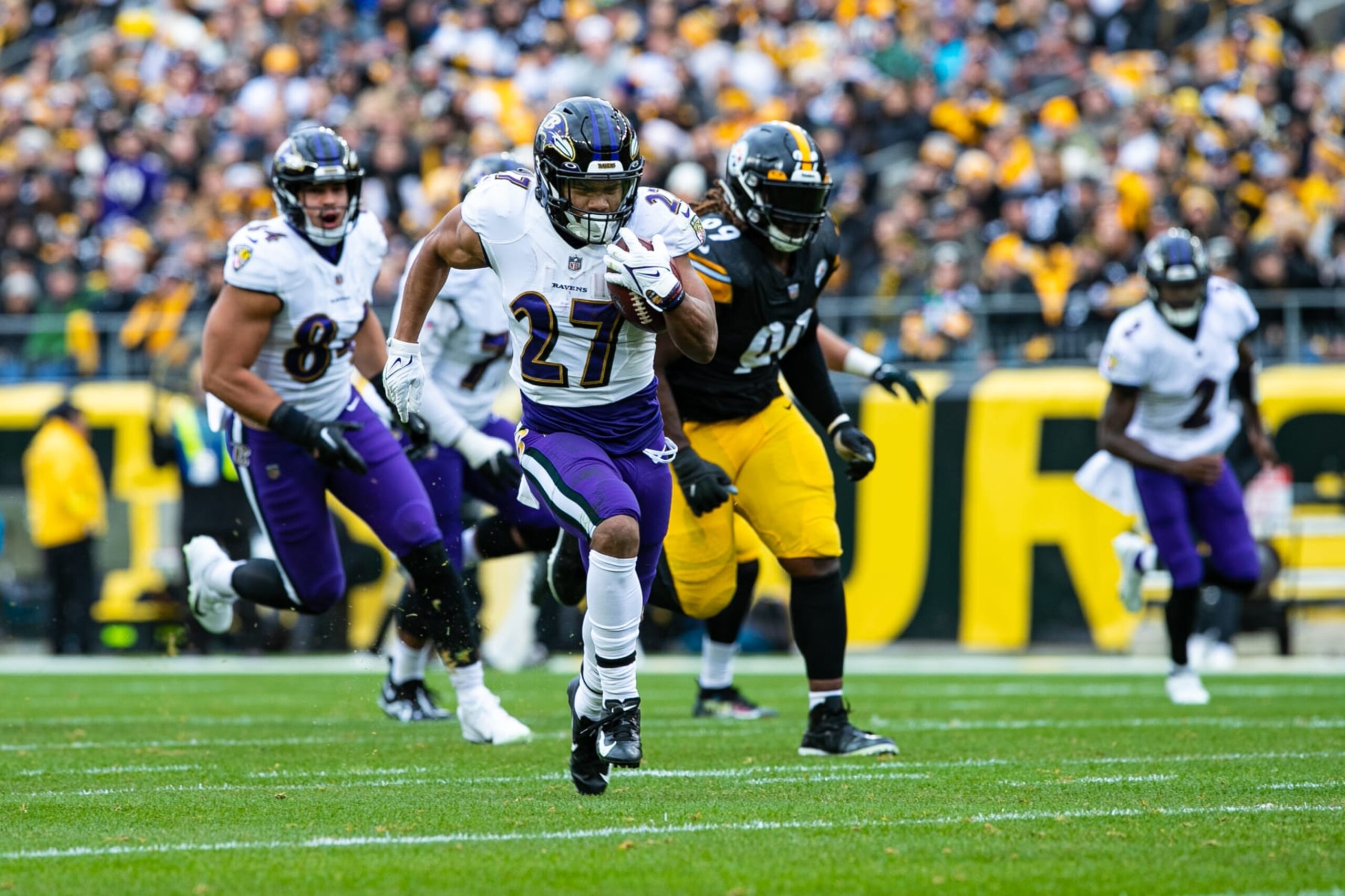 PITTSBURGH, PA - DECEMBER 11: Baltimore Ravens running back J.K. Dobbins (27) runs with the ball during the national football league game between the Baltimore Ravens and the Pittsburgh Steelers on December 11, 2022 at Acrisure Stadium in Pittsburgh, PA. (Photo by Mark Alberti/Icon Sportswire via Getty Images)