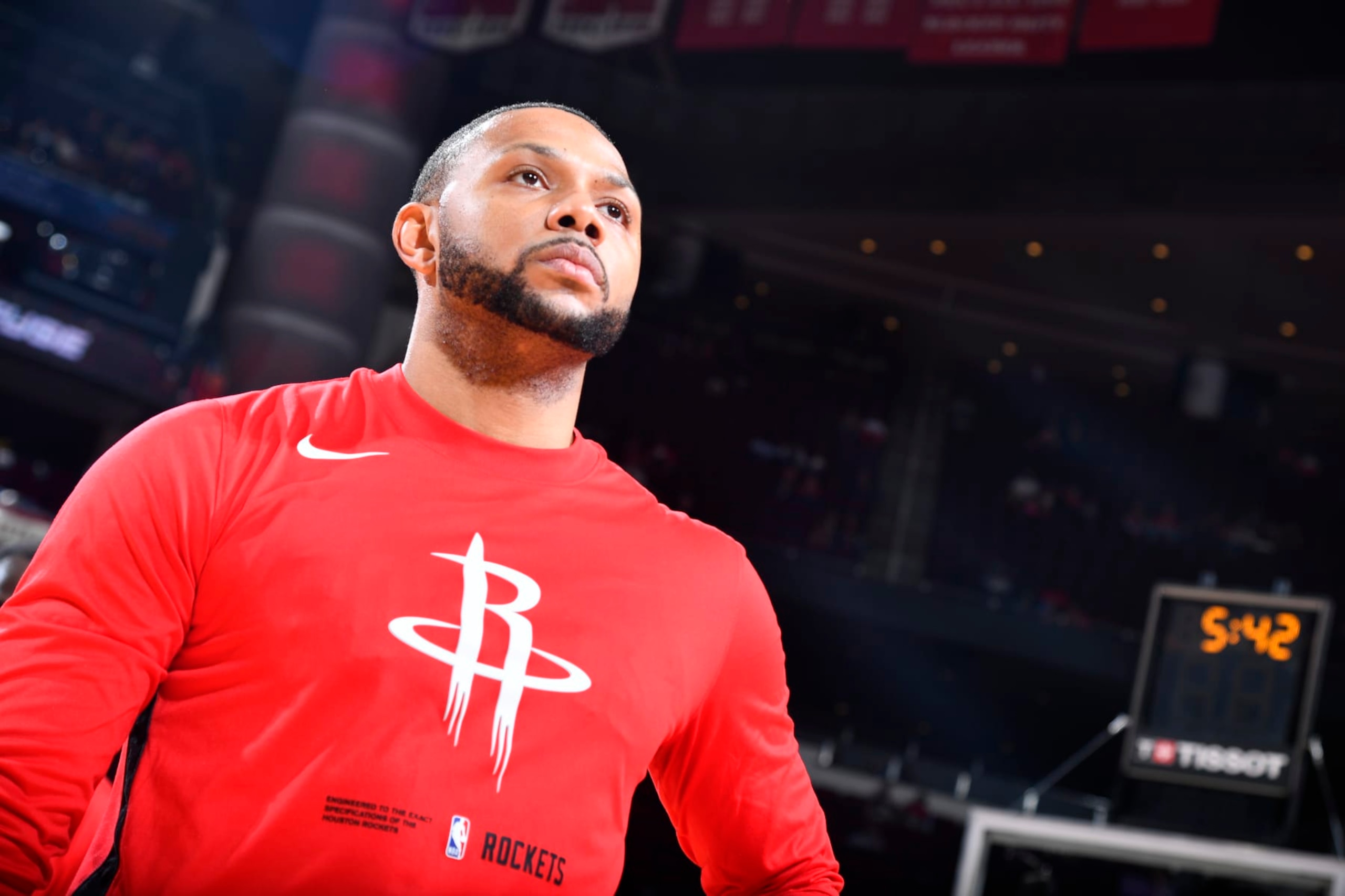 HOUSTON, TX - DECEMBER 13: Eric Gordon #10 of the Houston Rockets looks on before the game against the Phoenix Suns on December 13, 2022 at the Toyota Center in Houston, Texas. NOTE TO USER: User expressly acknowledges and agrees that, by downloading and or using this photograph, User is consenting to the terms and conditions of the Getty Images License Agreement. Mandatory Copyright Notice: Copyright 2022 NBAE (Photo by Logan Riely/NBAE via Getty Images)