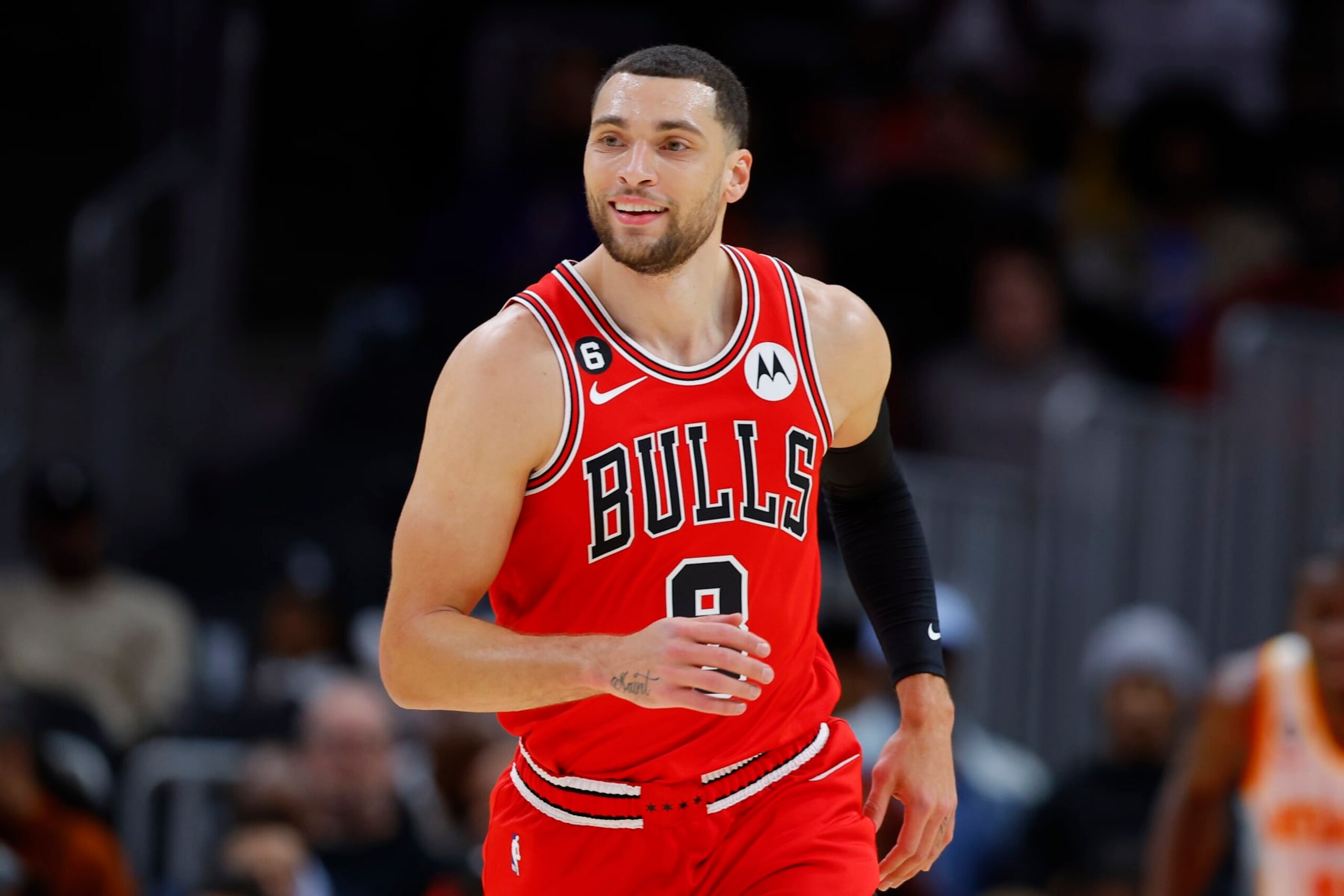 ATLANTA, GA - DECEMBER 11: Zach LaVine #8 of the Chicago Bulls reacts after scoring during the first half of the game against the Atlanta Hawks at State Farm Arena on December 11, 2022 in Atlanta, Georgia. NOTE TO USER: User expressly acknowledges and agrees that, by downloading and or using this photograph, User is consenting to the terms and conditions of the Getty Images License Agreement. (Photo by Todd Kirkland/Getty Images) ATLANTA, GA - DECEMBER 11: Zach LaVine #8 of the Chicago Bulls reacts after scoring during the first half of the game against the Atlanta Hawks at State Farm Arena on December 11, 2022 in Atlanta, Georgia. NOTE TO USER: User expressly acknowledges and agrees that, by downloading and or using this photograph, User is consenting to the terms and conditions of the Getty Images License Agreement. (Photo by Todd Kirkland/Getty Images)