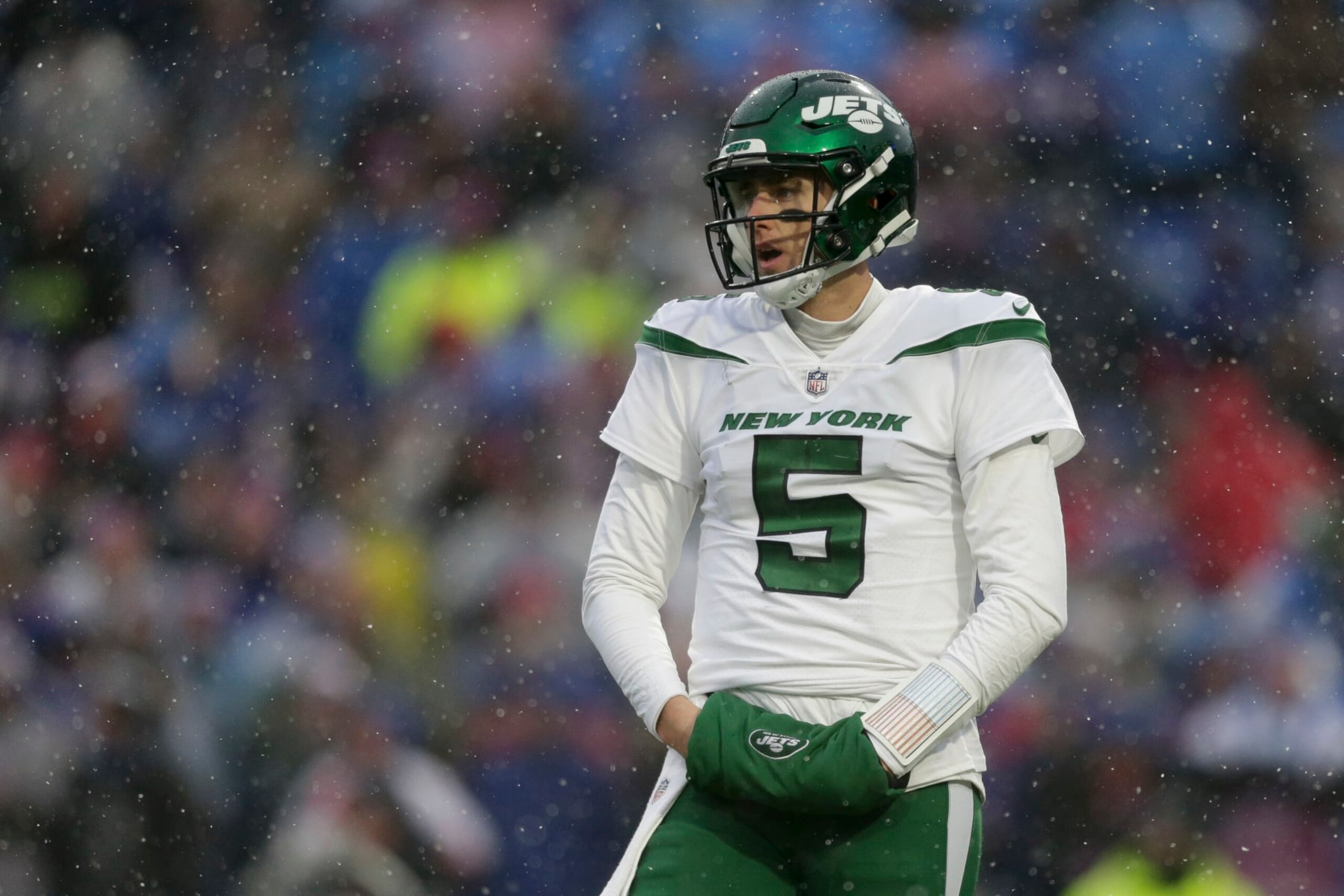 ORCHARD PARK, NEW YORK - DECEMBER 11: Mike White #5 of the New York Jets during the second half of an NFL football game against the Buffalo Bills at Highmark Stadium on December 11, 2022 in Orchard Park, New York. (Photo by Joshua Bessex/Getty Images)
