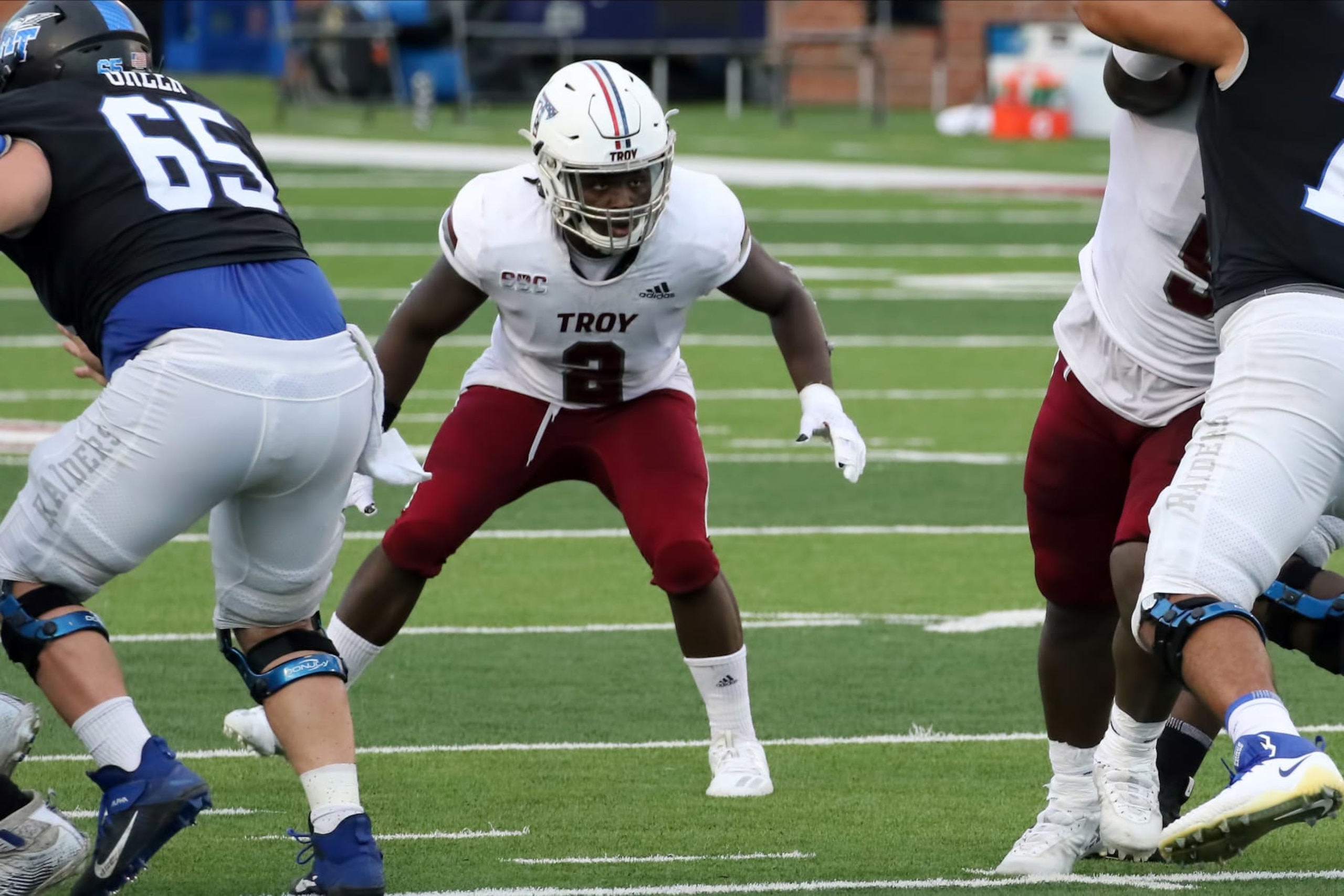 TROY, AL - NOVEMBER 21:  Troy Trojans linebacker Carlton Martial (2) during the game between the Troy Trojans and the Middle Tennessee Blue Raiders on November 21, 2020 at Veterans Memorial Stadium in Troy, Alabama.  (Photo by Michael Wade/Icon Sportswire via Getty Images)