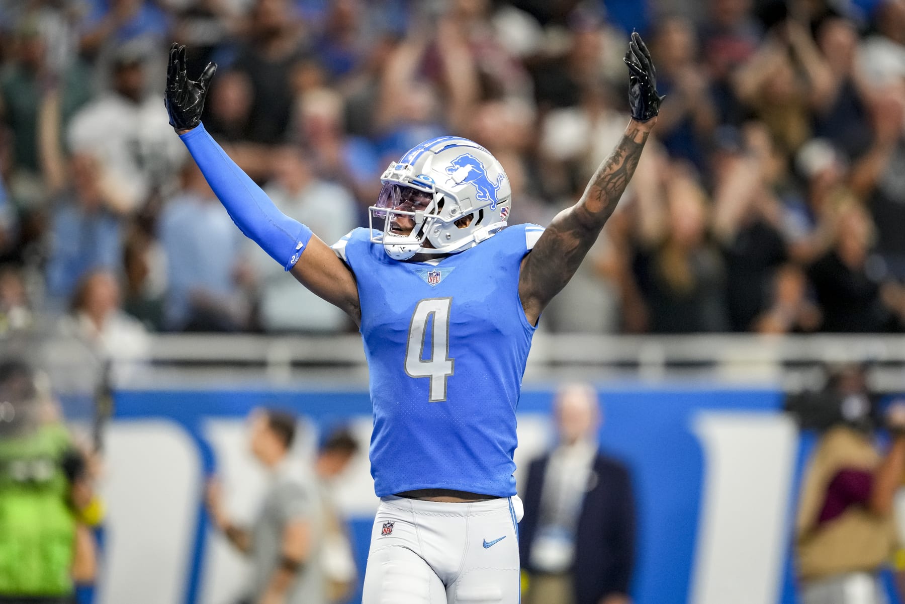 DETROIT, MICHIGAN - SEPTEMBER 11: DJ Chark #4 of the Detroit Lions reacts during the game against the Philadelphia Eagles at Ford Field on September 11, 2022 in Detroit, Michigan. (Photo by Nic Antaya/Getty Images)
