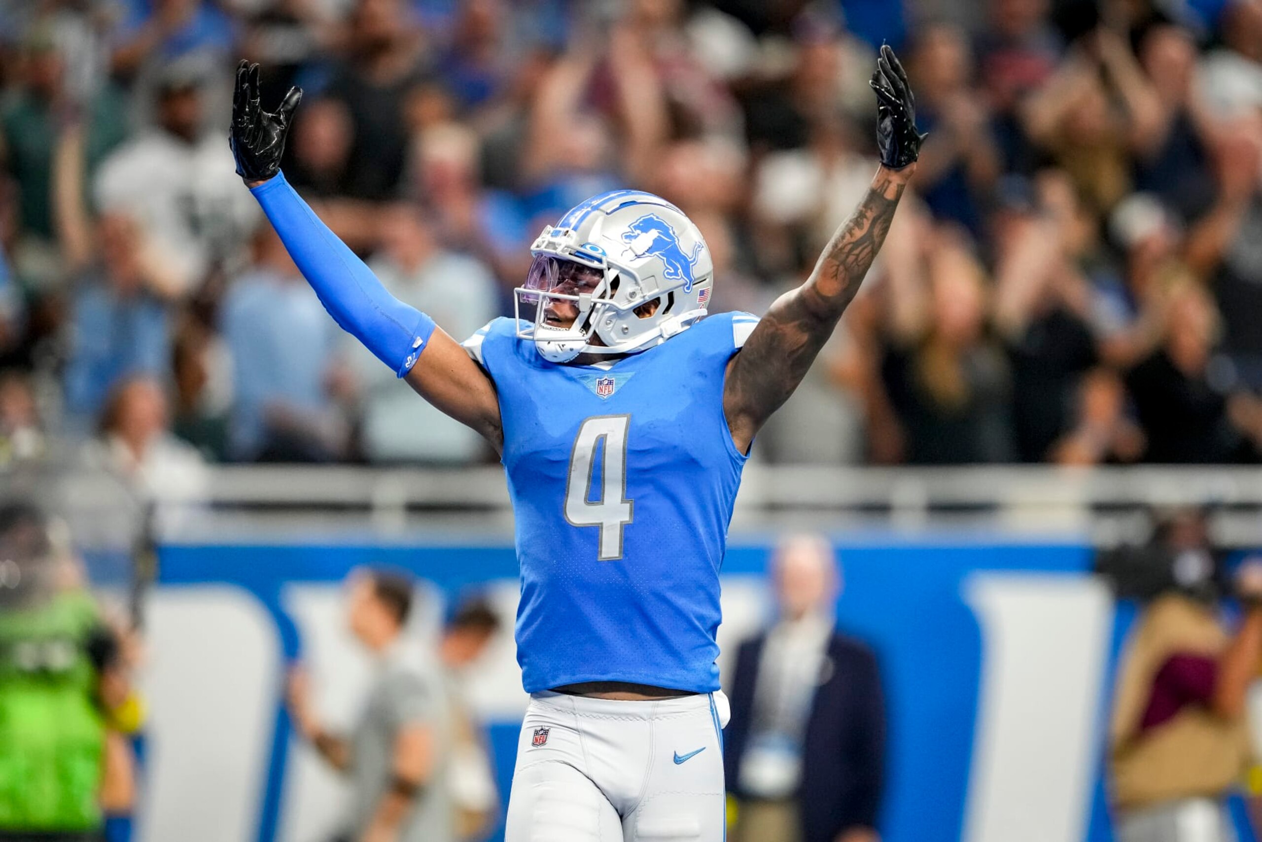DETROIT, MICHIGAN - SEPTEMBER 11: DJ Chark #4 of the Detroit Lions reacts during the game against the Philadelphia Eagles at Ford Field on September 11, 2022 in Detroit, Michigan. (Photo by Nic Antaya/Getty Images)
