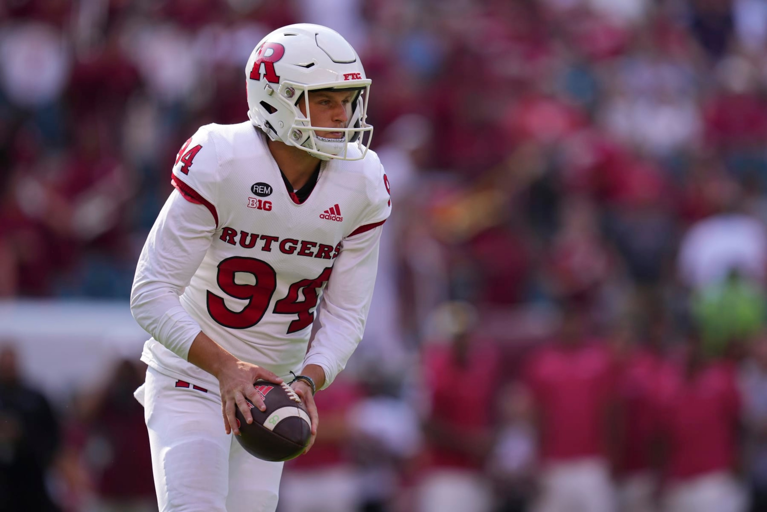 PHILADELPHIA, PA - SEPTEMBER 17: Adam Korsak #94 of the Rutgers Scarlet Knights punts the ball against the Temple Owls at Lincoln Financial Field on September 17, 2022 in Philadelphia, Pennsylvania. (Photo by Mitchell Leff/Getty Images)