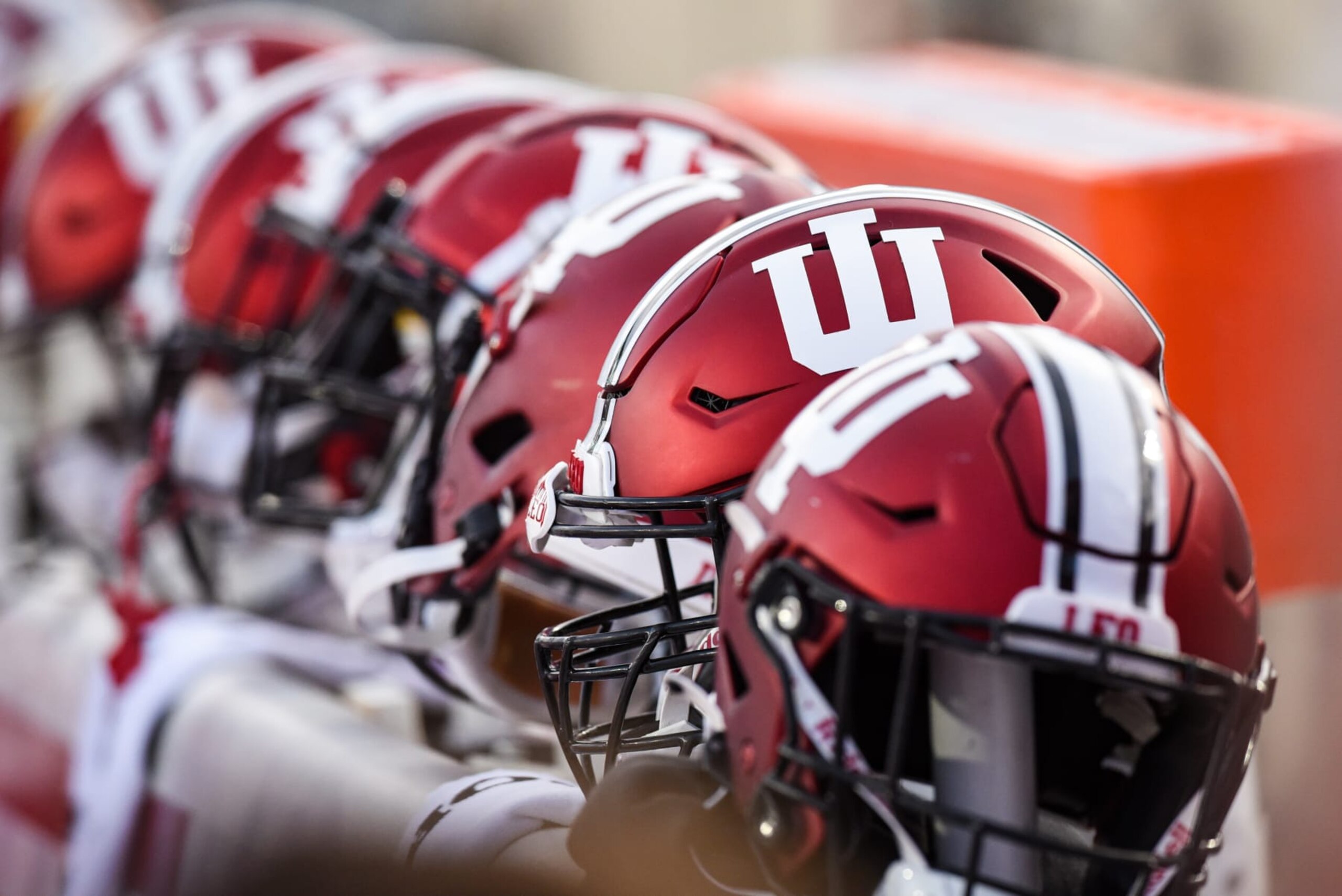BLOOMINGTON, IN - OCTOBER 15: Indiana helmets sit on the sideline during a college football game between the Maryland Terrapins and Indiana Hoosiers on October 15, 2022 at Memorial Stadium in Bloomington, Indiana. (Photo by James Black/Icon Sportswire via Getty Images)