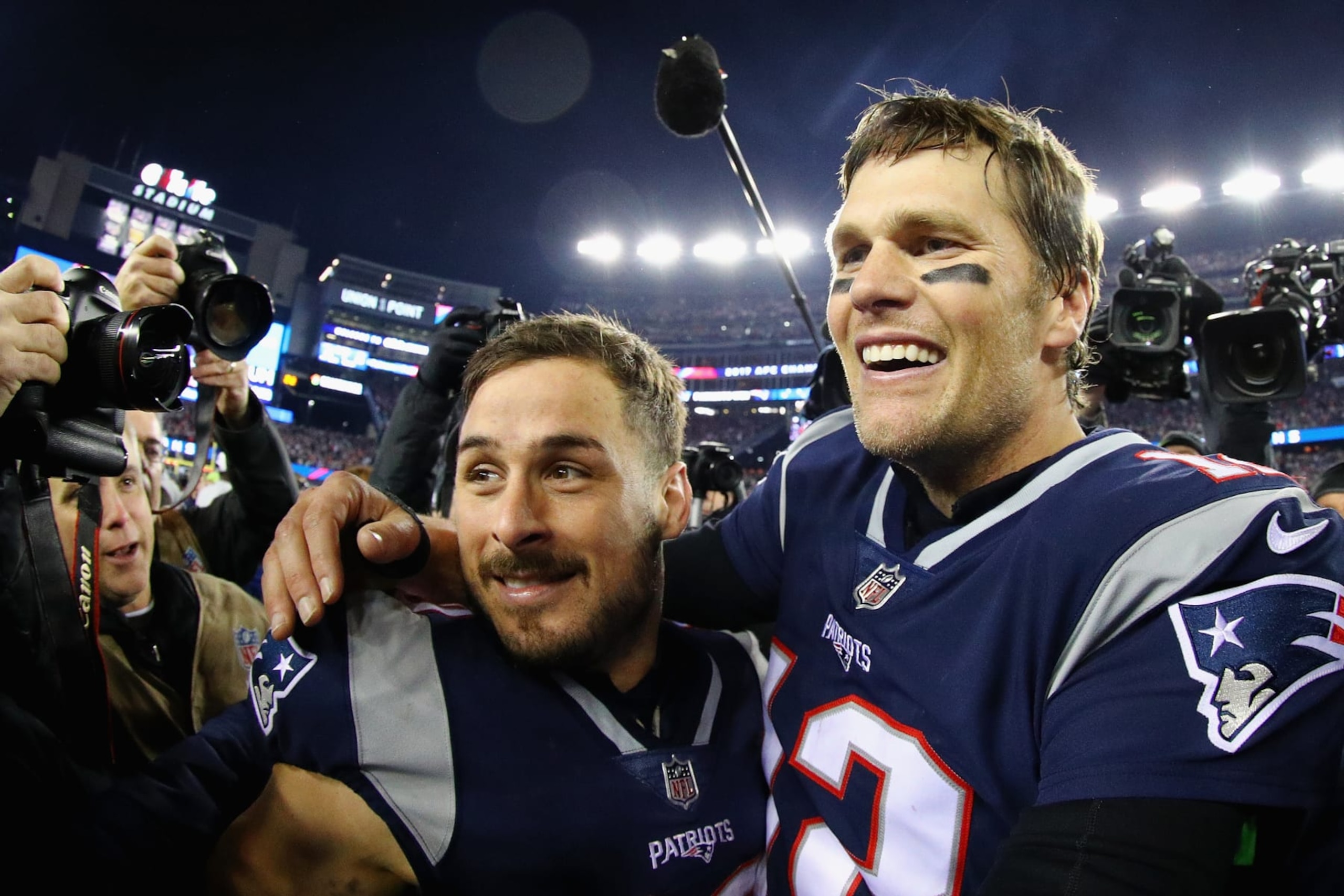 FOXBOROUGH, MA - JANUARY 21:  Tom Brady #12 of the New England Patriots celebrates with Danny Amendola #80 after winning the AFC Championship Game against the Jacksonville Jaguars at Gillette Stadium on January 21, 2018 in Foxborough, Massachusetts.  (Photo by Maddie Meyer/Getty Images)