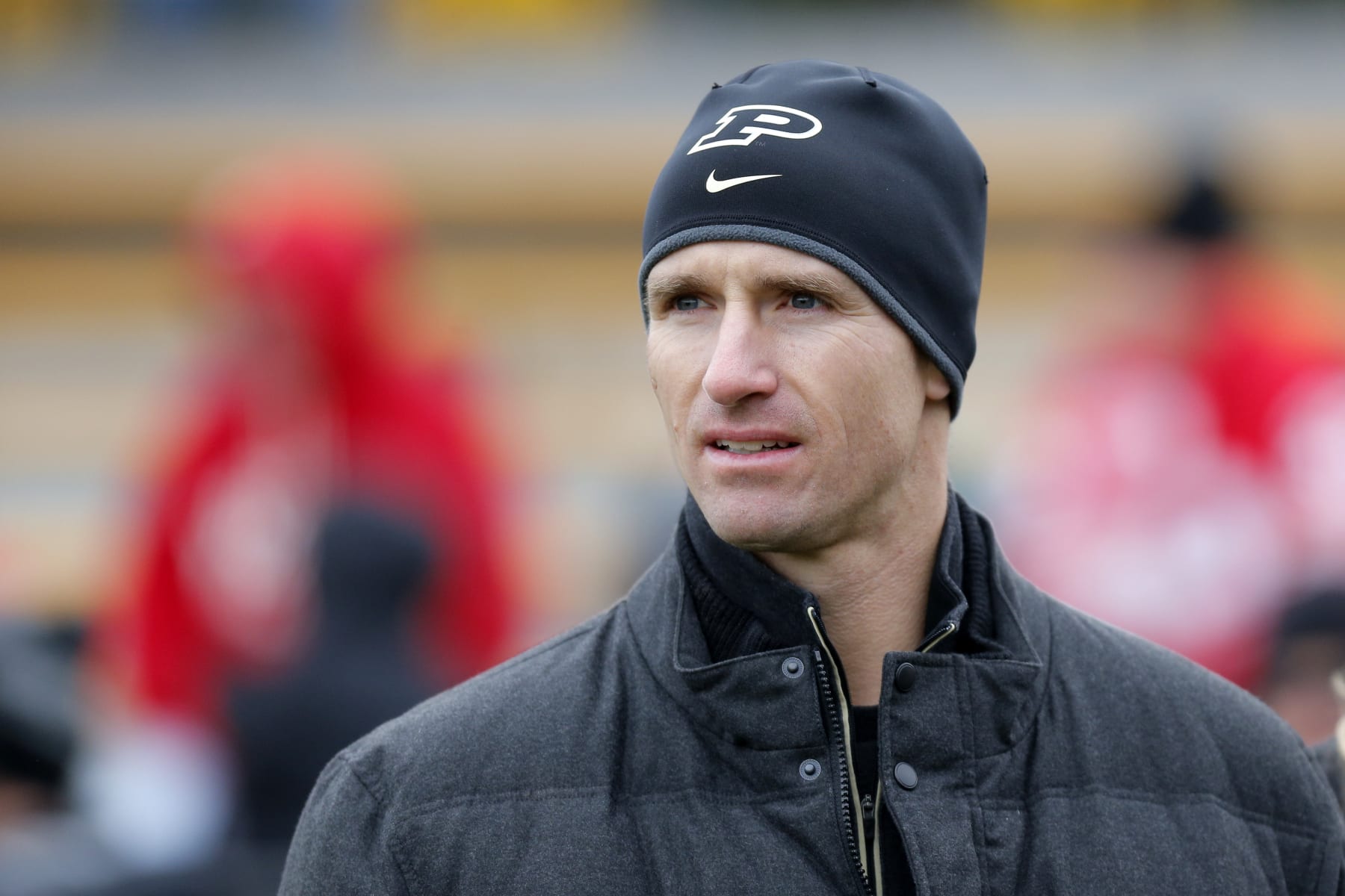 WEST LAFAYETTE, IN - NOVEMBER 19: Former Boilermaker and current New Orleans Saints quarterback Drew Brees watches the actions during an NCAA football game between the Wisconsin Badgers and the Purdue Boilermakers on November 19, 2016, at the Ross-Ade Stadium, West Lafayette, IN. The Wisconsin Badgers defeated the Purdue Boilermakers 49-20. (Photo by Jeffrey Brown/Icon Sportswire via Getty Images)