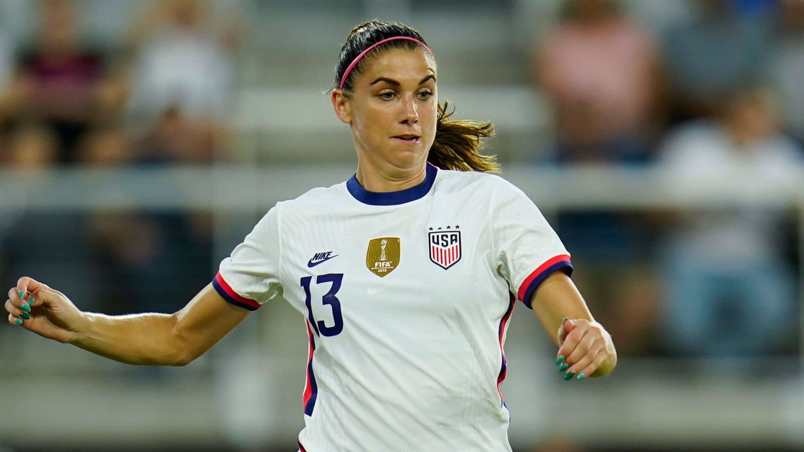United States' Alex Morgan tries to control the ball against Nigeria during the second half of an international friendly soccer match, Tuesday, Sept. 6, 2022, in Washington. (AP Photo/Julio Cortez)