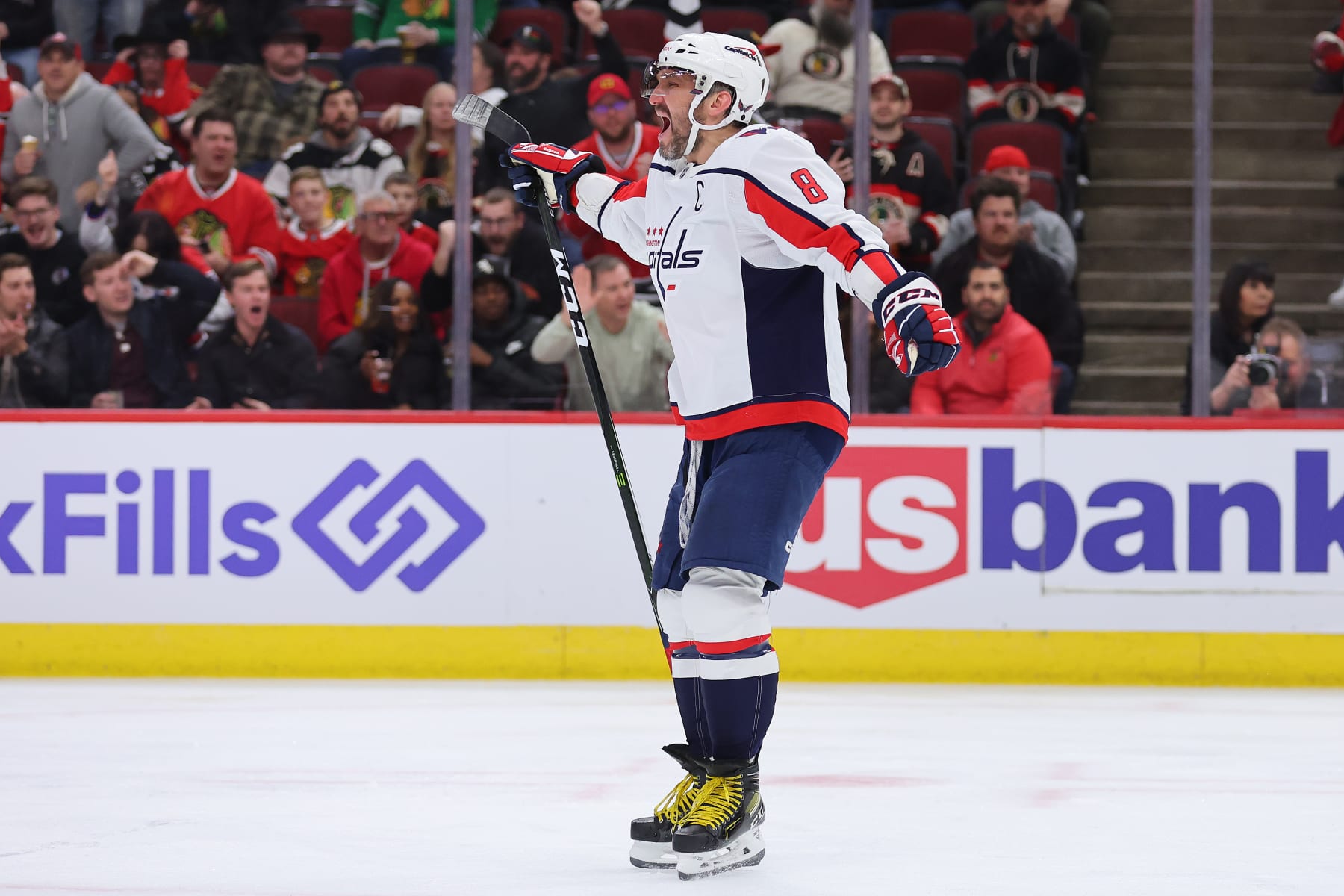 CHICAGO, ILLINOIS - DECEMBER 13: Alex Ovechkin #8 of the Washington Capitals celebrates after scoring his 800th career goal during the third period against the Chicago Blackhawks at United Center on December 13, 2022 in Chicago, Illinois. (Photo by Michael Reaves/Getty Images)