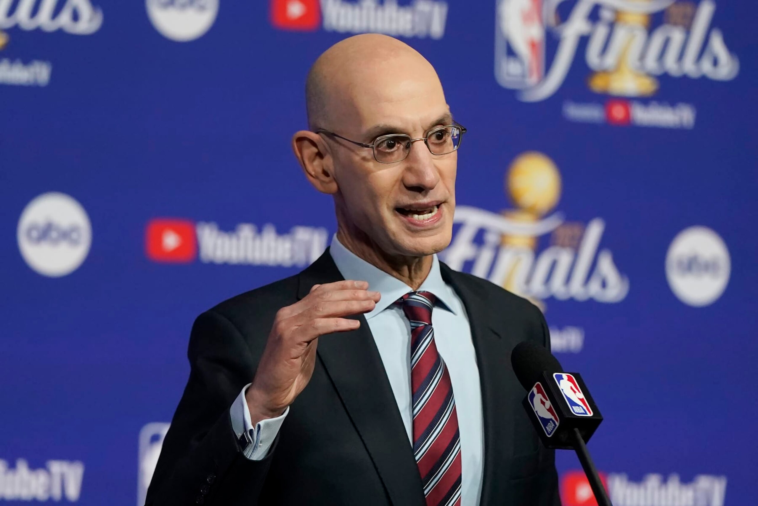 FILE -NBA Commissioner Adam Silver speaks at a news conference before Game 1 of basketball's NBA Finals between the Golden State Warriors and the Boston Celtics in San Francisco, Thursday, June 2, 2022. NBA Commissioner Adam Silver wants an apology and Kyrie Irving still isn’t going to give one. Shortly after the NBA Commissioner said Irving “made a reckless decision” by tweeting out a link to a film containing antisemitic material last week, the Brooklyn Nets guard again stopped short of saying he was sorry for doing so. (AP Photo/Jeff Chiu, File)
