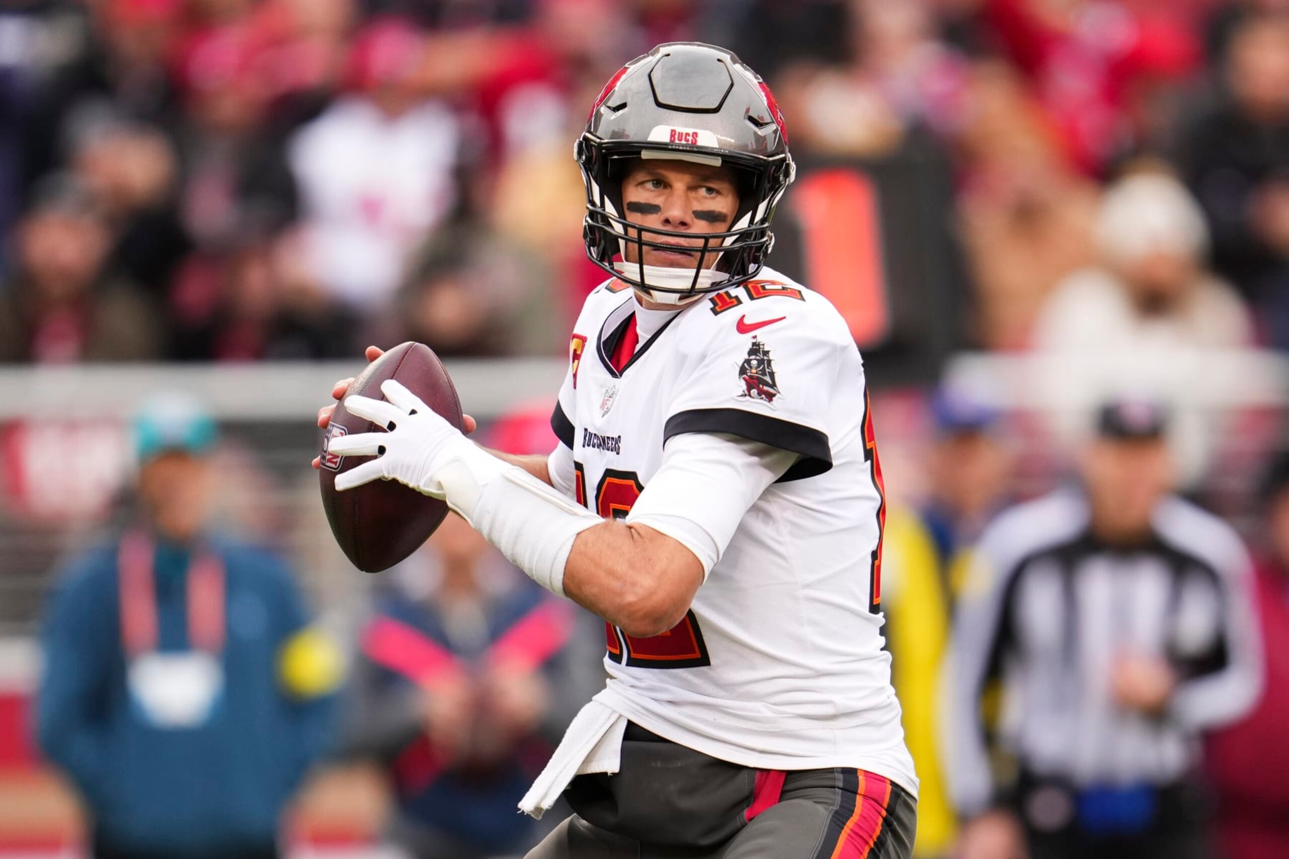 SANTA CLARA, CA - DECEMBER 11: Tom Brady #12 of the Tampa Bay Buccaneers throws against the San Francisco 49ers at Levi's Stadium on December 11, 2022 in Santa Clara, California. (Photo by Cooper Neill/Getty Images)