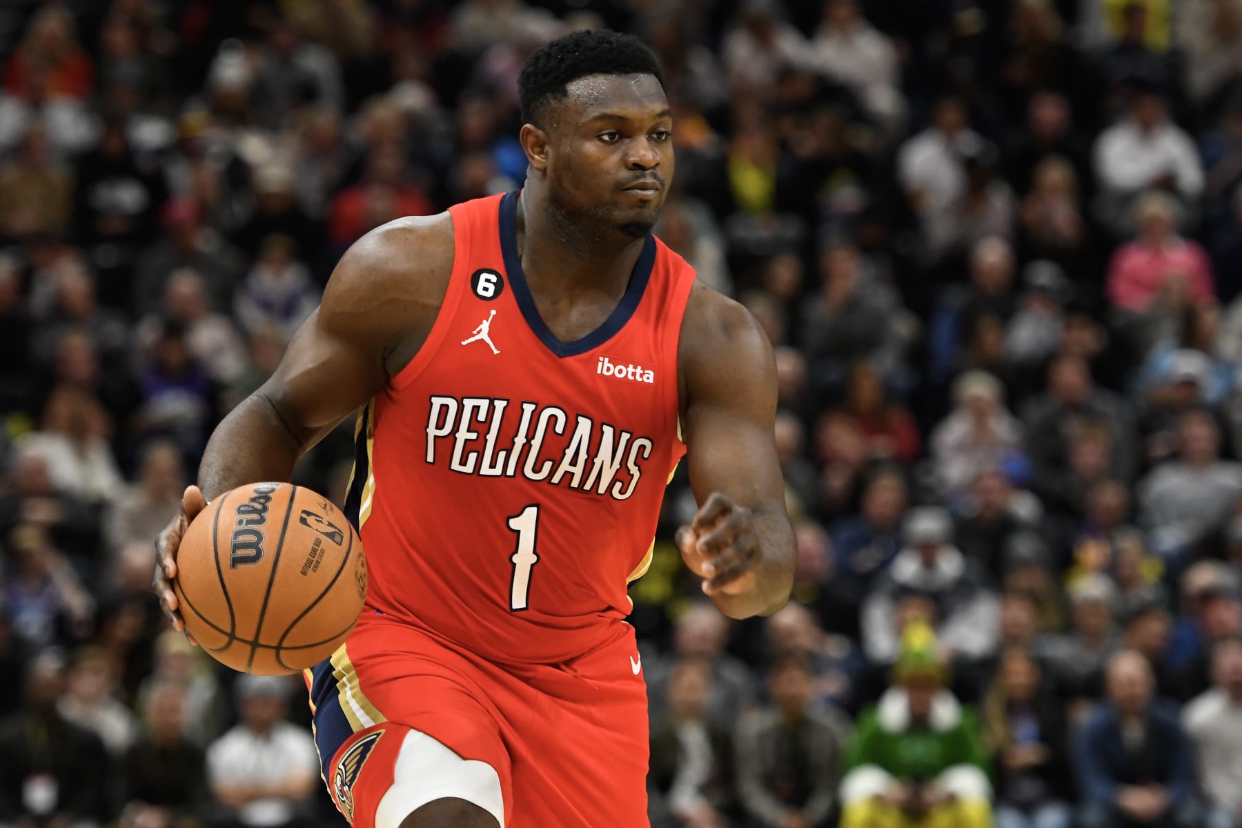 SALT LAKE CITY, UTAH - DECEMBER 13: Zion Williamson #1 of the New Orleans Pelicans in action during the first half against the Utah Jazz at Vivint Arena on December 13, 2022 in Salt Lake City, Utah. NOTE TO USER: User expressly acknowledges and agrees that, by downloading and or using this photograph, User is consenting to the terms and conditions of the Getty Images License Agreement. (Photo by Alex Goodlett/Getty Images)