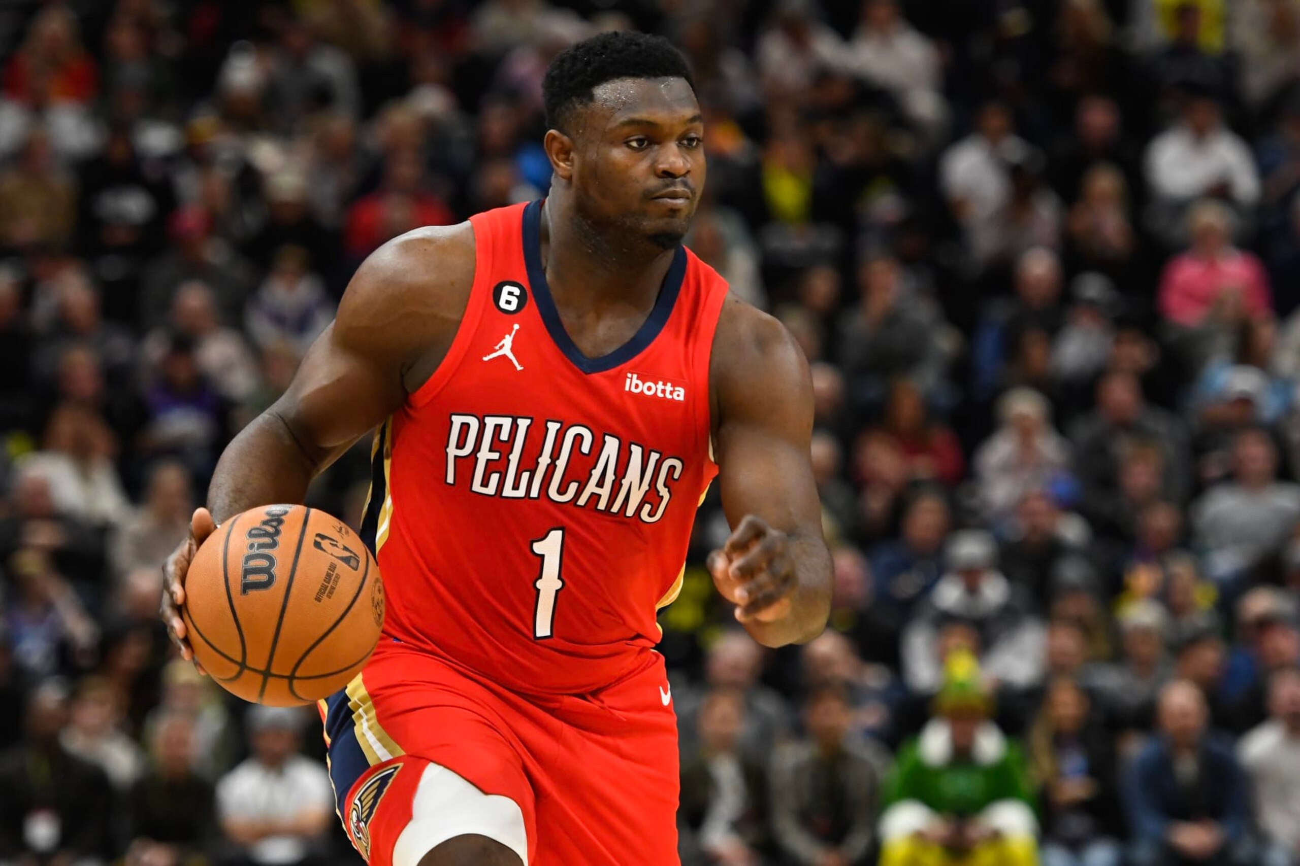 SALT LAKE CITY, UTAH - DECEMBER 13: Zion Williamson #1 of the New Orleans Pelicans in action during the first half against the Utah Jazz at Vivint Arena on December 13, 2022 in Salt Lake City, Utah. NOTE TO USER: User expressly acknowledges and agrees that, by downloading and or using this photograph, User is consenting to the terms and conditions of the Getty Images License Agreement. (Photo by Alex Goodlett/Getty Images)