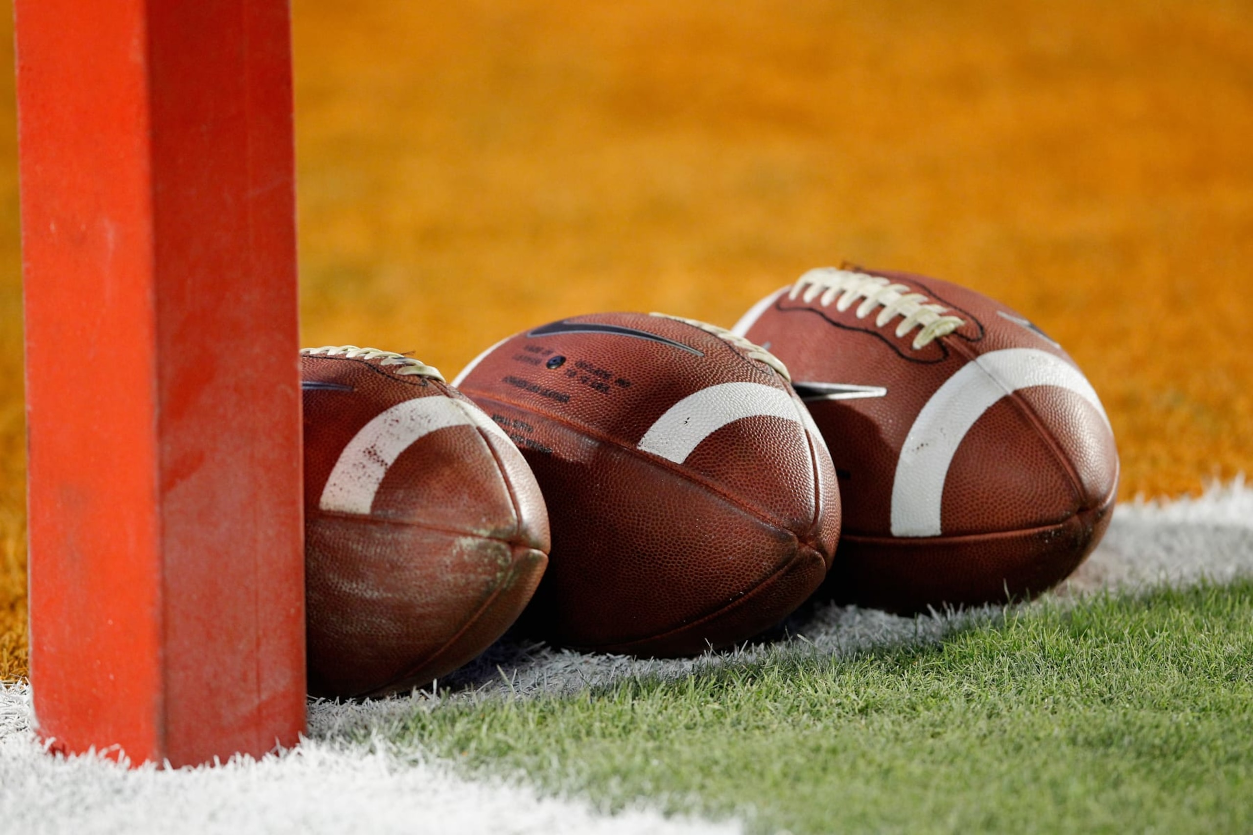 MIAMI GARDENS, FL - JANUARY 04: A detail of a Nike official NCAA size footballs as they sit in the end zone prior to the West Virginia Mountaineers playing against the Clemson Tigers during the Discover Orange Bowl at Sun Life Stadium on January 4, 2012 in Miami Gardens, Florida. (Photo by Streeter Lecka/Getty Images) MIAMI GARDENS, FL - JANUARY 04: A detail of a Nike official NCAA size footballs as they sit in the end zone prior to the West Virginia Mountaineers playing against the Clemson Tigers during the Discover Orange Bowl at Sun Life Stadium on January 4, 2012 in Miami Gardens, Florida. (Photo by Streeter Lecka/Getty Images)