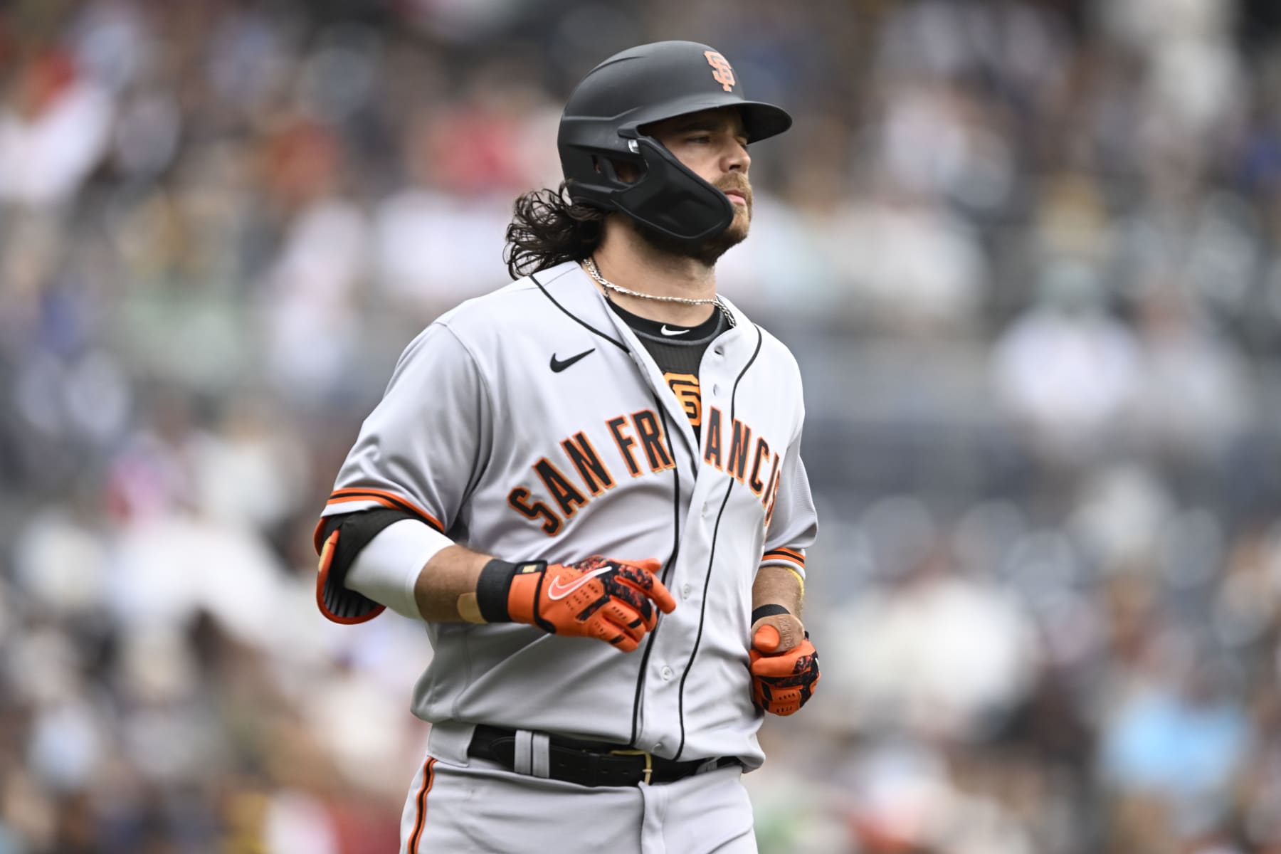 SAN DIEGO, CA - OCTOBER 5:   Brandon Crawford #35 of the San Francisco Giants plays during a baseball game against the San Francisco Giants October 5, 2022 at Petco Park in San Diego, California. (Photo by Denis Poroy/Getty Images)