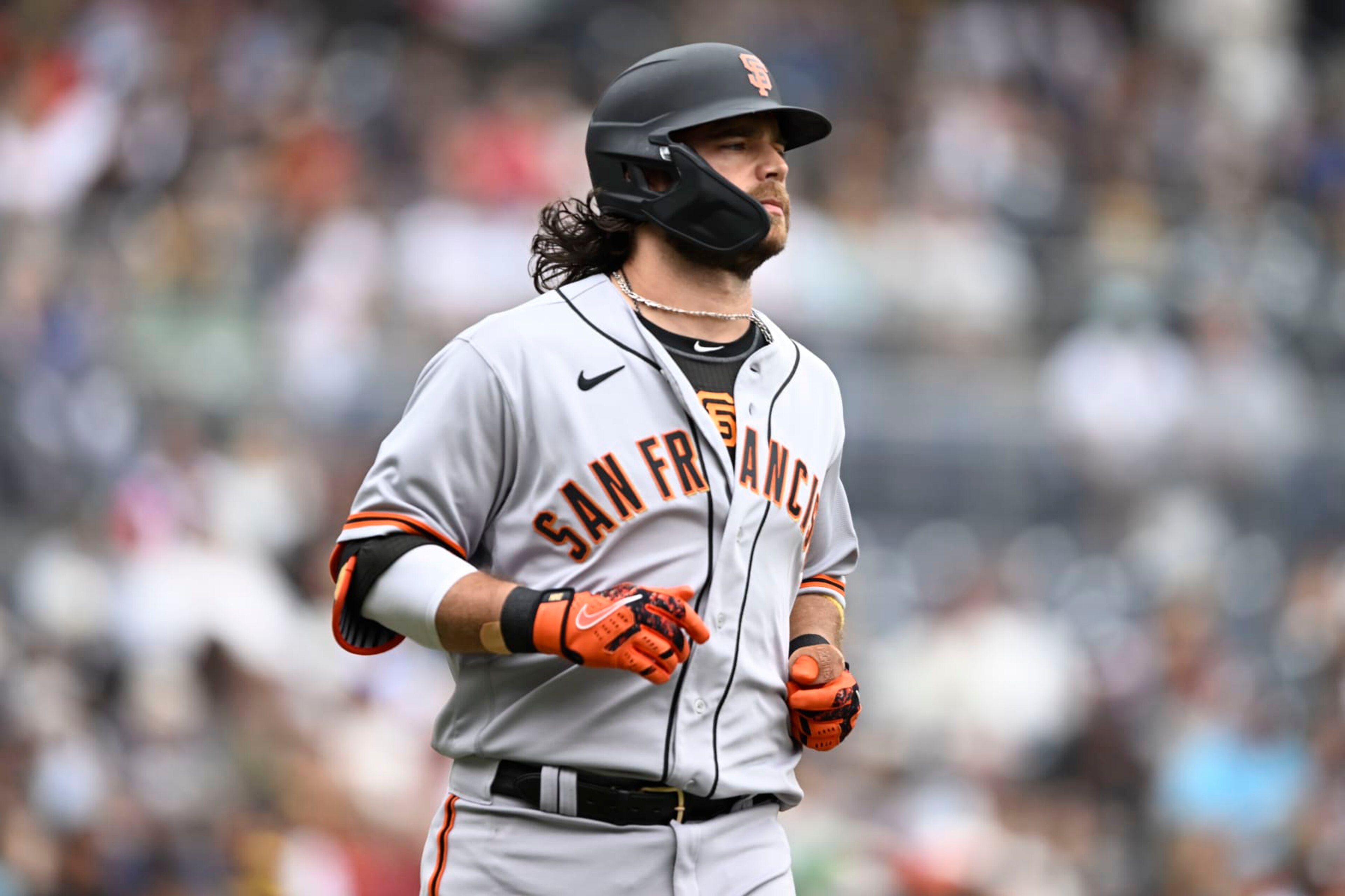 SAN DIEGO, CA - OCTOBER 5:   Brandon Crawford #35 of the San Francisco Giants plays during a baseball game against the San Francisco Giants October 5, 2022 at Petco Park in San Diego, California. (Photo by Denis Poroy/Getty Images)