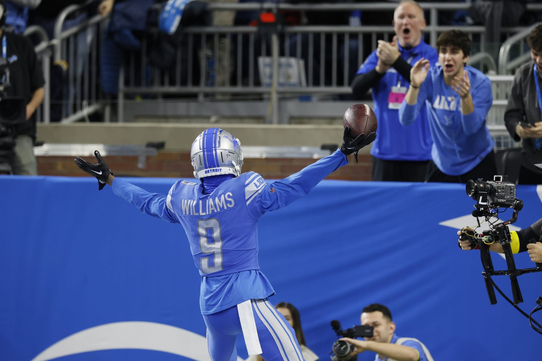 Detroit Lions' Jameson Williams reacts after catching a touchdown pass during the first half of an NFL football game against the Minnesota Vikings Sunday, Dec. 11, 2022, in Detroit. (AP Photo/Duane Burleson)