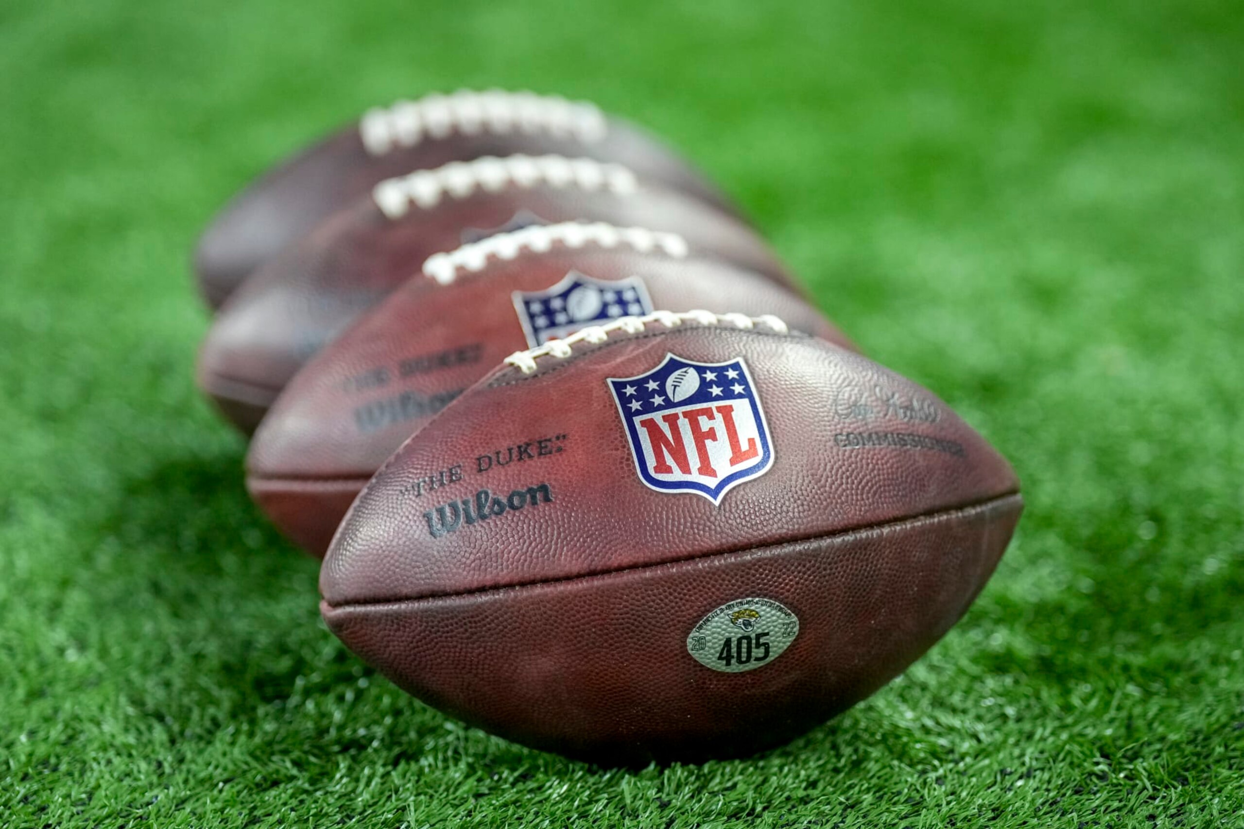 DETROIT, MICHIGAN - DECEMBER 04: Wilson brand footballs are pictured with the NFL logo before the game between the Detroit Lions and Jacksonville Jaguars at Ford Field on December 04, 2022 in Detroit, Michigan. (Photo by Nic Antaya/Getty Images) DETROIT, MICHIGAN - DECEMBER 04: Wilson brand footballs are pictured with the NFL logo before the game between the Detroit Lions and Jacksonville Jaguars at Ford Field on December 04, 2022 in Detroit, Michigan. (Photo by Nic Antaya/Getty Images)