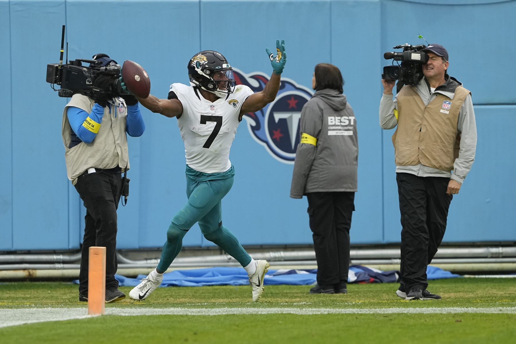 Jacksonville Jaguars wide receiver Zay Jones celebrates after scoring during the first half of an NFL football game against the Tennessee Titans Sunday, Dec. 11, 2022, in Nashville, Tenn. (AP Photo/Chris Carlson)