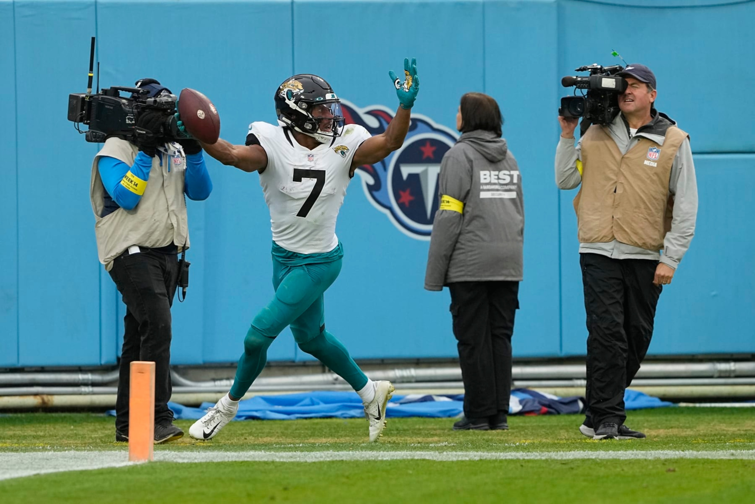 Jacksonville Jaguars wide receiver Zay Jones celebrates after scoring during the first half of an NFL football game against the Tennessee Titans Sunday, Dec. 11, 2022, in Nashville, Tenn. (AP Photo/Chris Carlson)