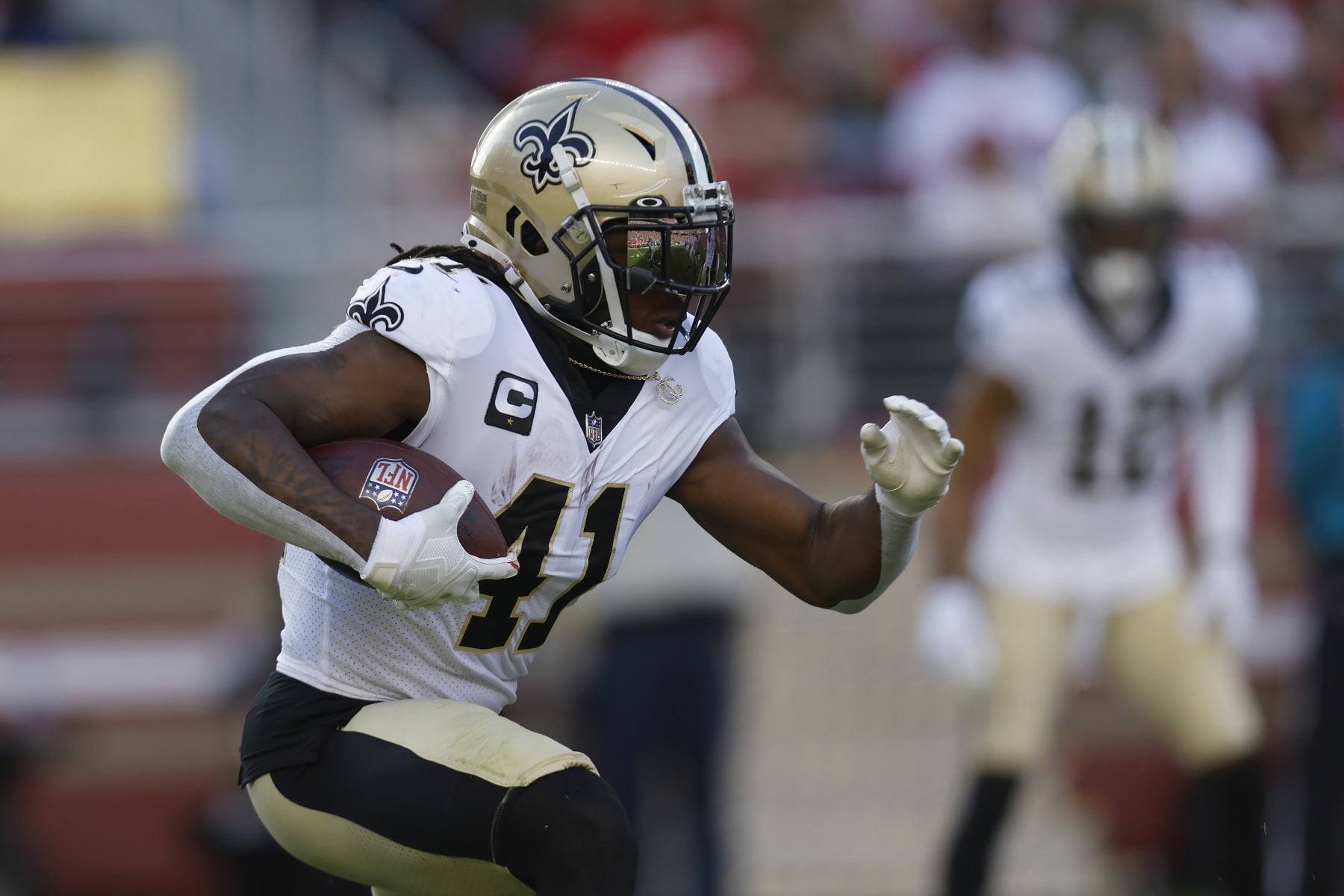 New Orleans Saints running back Alvin Kamara (41) against the San Francisco 49ers during an NFL football game in Santa Clara, Calif., Sunday, Nov. 27, 2022. (AP Photo/Jed Jacobsohn)