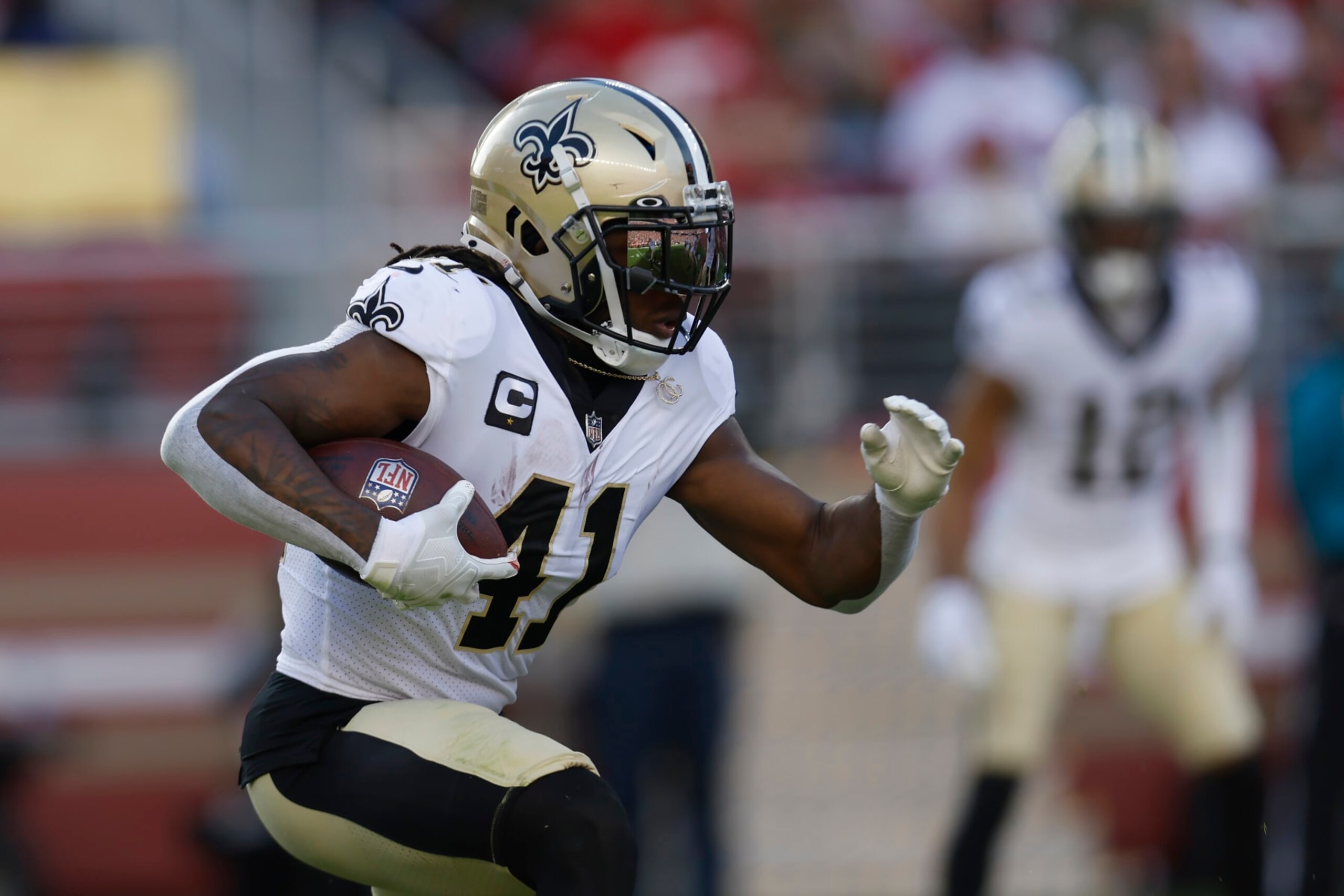 New Orleans Saints running back Alvin Kamara (41) against the San Francisco 49ers during an NFL football game in Santa Clara, Calif., Sunday, Nov. 27, 2022. (AP Photo/Jed Jacobsohn)