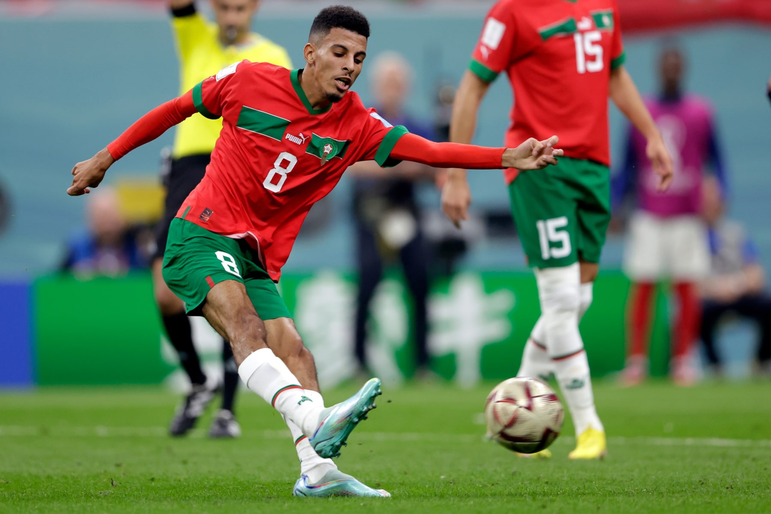 AL KHOR, QATAR - DECEMBER 14: Azzedine Ounahi of Morocco  during the  World Cup match between France  v Morocco at the Al Bayt Stadium on December 14, 2022 in Al Khor Qatar (Photo by Rico Brouwer/Soccrates/Getty Images)