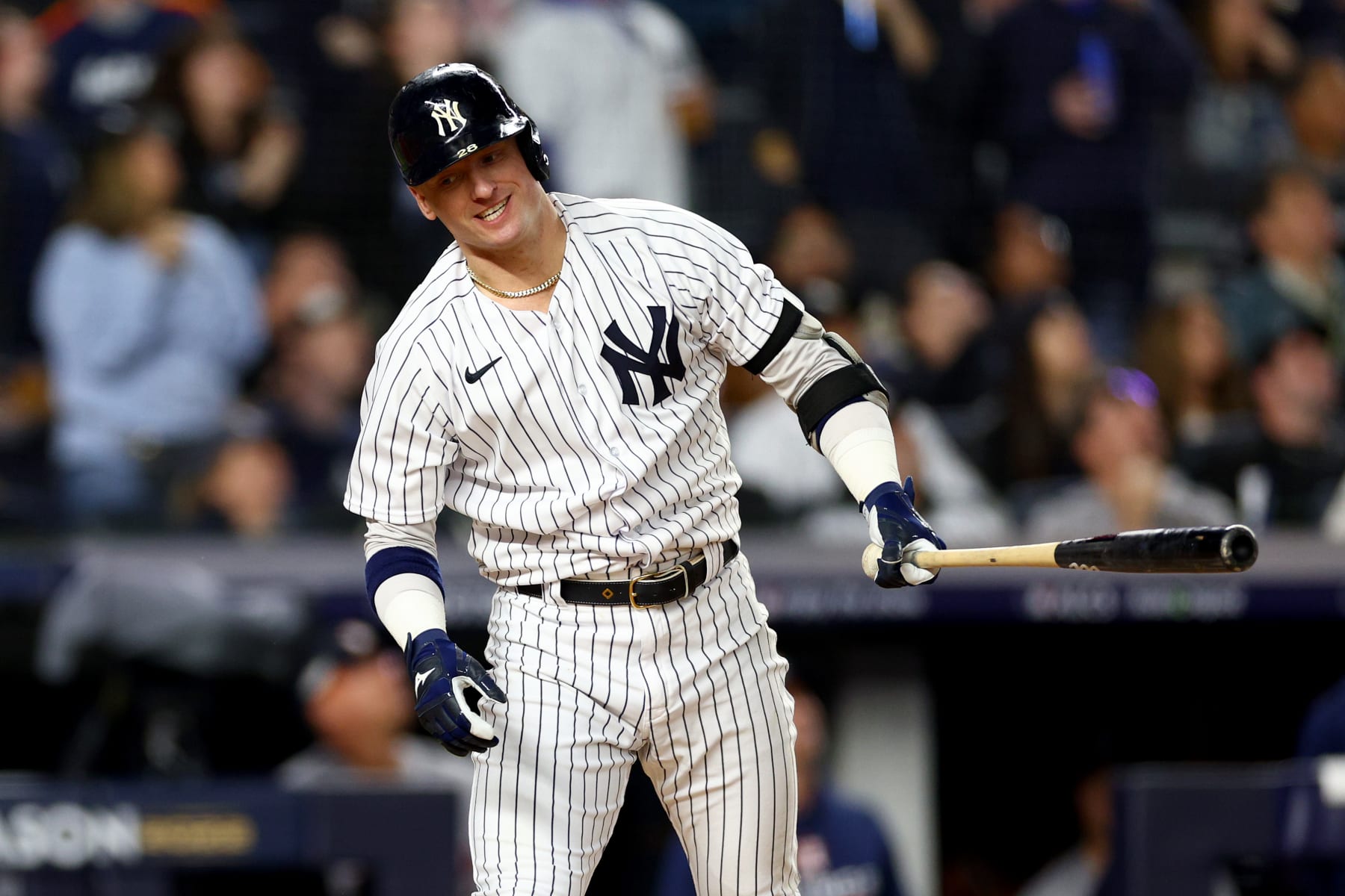 NEW YORK, NEW YORK - OCTOBER 22: Josh Donaldson #28 of the New York Yankees reacts after flying out against the Houston Astros during the fifth inning in game three of the American League Championship Series at Yankee Stadium on October 22, 2022 in New York City. (Photo by Elsa/Getty Images)