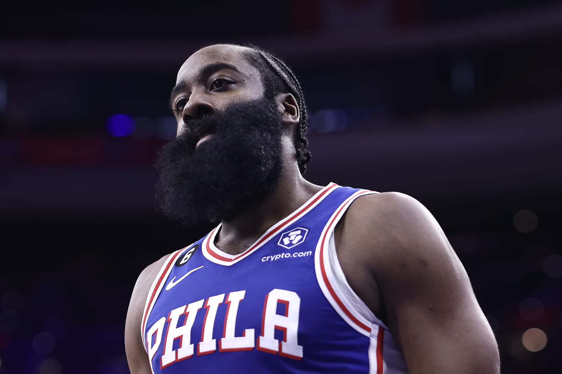 PHILADELPHIA, PENNSYLVANIA - DECEMBER 13: James Harden #1 of the Philadelphia 76ers reacts during the second quarter against the Sacramento Kings  at Wells Fargo Center on December 13, 2022 in Philadelphia, Pennsylvania. NOTE TO USER: User expressly acknowledges and agrees that, by downloading and or using this photograph, User is consenting to the terms and conditions of the Getty Images License Agreement. (Photo by Tim Nwachukwu/Getty Images)