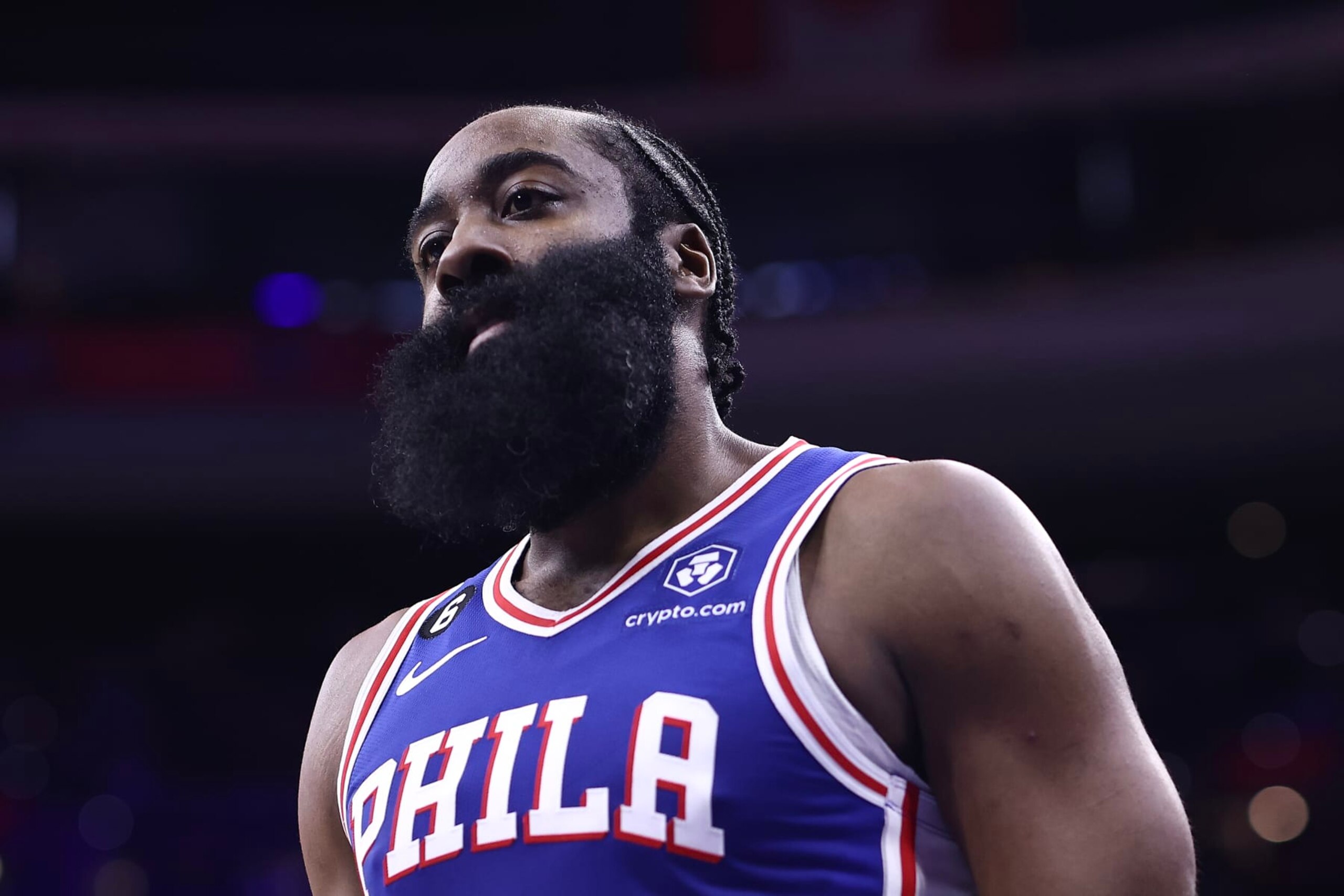 PHILADELPHIA, PENNSYLVANIA - DECEMBER 13: James Harden #1 of the Philadelphia 76ers reacts during the second quarter against the Sacramento Kings at Wells Fargo Center on December 13, 2022 in Philadelphia, Pennsylvania. NOTE TO USER: User expressly acknowledges and agrees that, by downloading and or using this photograph, User is consenting to the terms and conditions of the Getty Images License Agreement. (Photo by Tim Nwachukwu/Getty Images) PHILADELPHIA, PENNSYLVANIA - DECEMBER 13: James Harden #1 of the Philadelphia 76ers reacts during the second quarter against the Sacramento Kings at Wells Fargo Center on December 13, 2022 in Philadelphia, Pennsylvania. NOTE TO USER: User expressly acknowledges and agrees that, by downloading and or using this photograph, User is consenting to the terms and conditions of the Getty Images License Agreement. (Photo by Tim Nwachukwu/Getty Images)