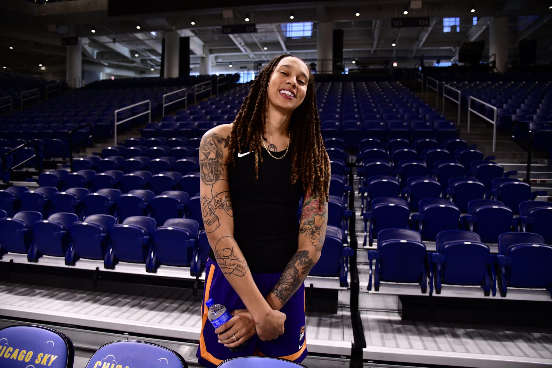 CHICAGO, IL - OCTOBER 16:  Brittney Griner #42 of the Phoenix Mercury poses for a photo at practice and media availability during the 2021 WNBA Finals on October 16, 2021, at Wintrust Arena in Chicago, Illinois. NOTE TO USER: User expressly acknowledges and agrees that, by downloading and or using this Photograph, user is consenting to the terms and conditions of the Getty Images License Agreement. Mandatory Copyright Notice: Copyright 2021 NBAE (Photo by Barry Gossage/NBAE via Getty Images)