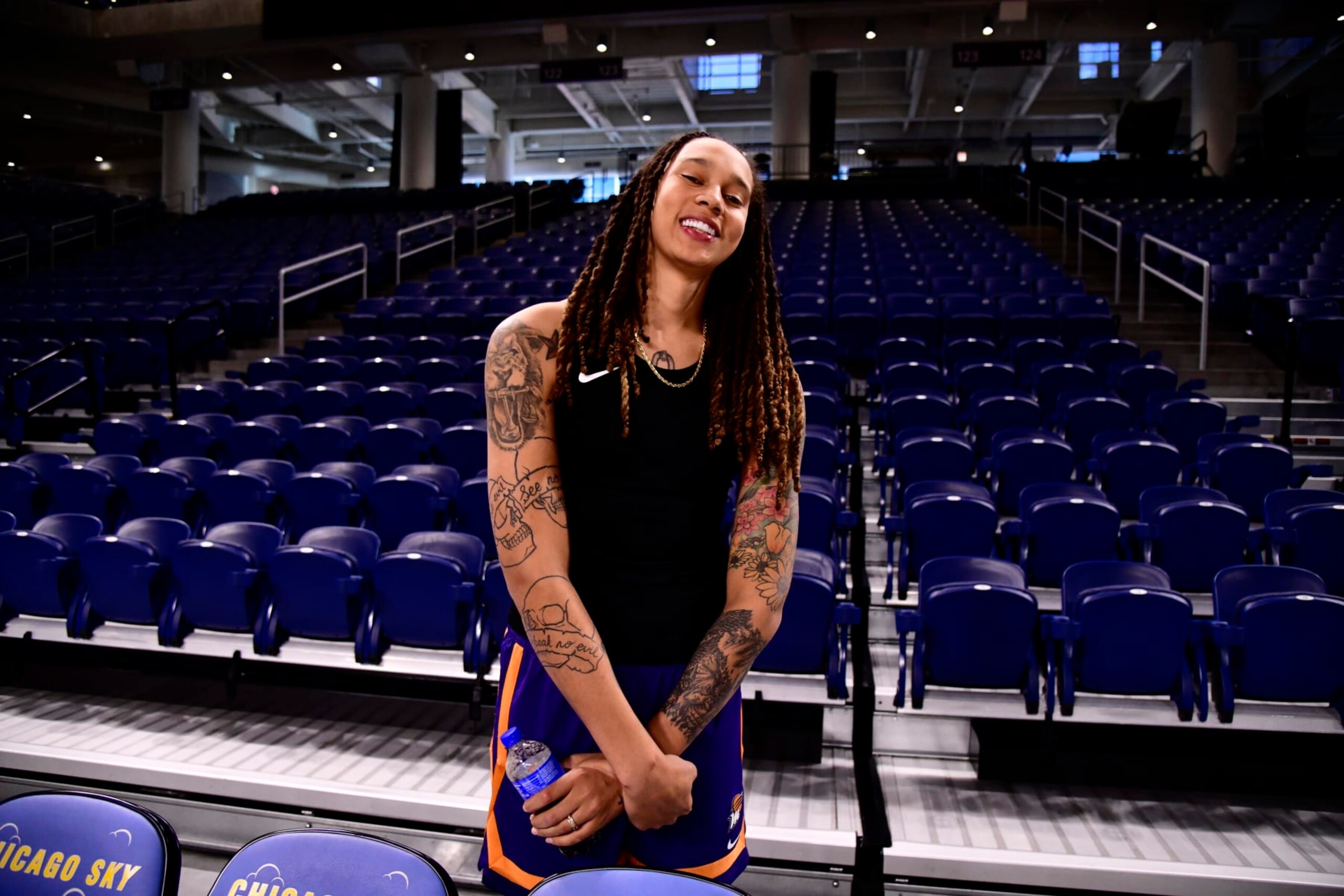 CHICAGO, IL - OCTOBER 16: Brittney Griner #42 of the Phoenix Mercury poses for a photo at practice and media availability during the 2021 WNBA Finals on October 16, 2021, at Wintrust Arena in Chicago, Illinois. NOTE TO USER: User expressly acknowledges and agrees that, by downloading and or using this Photograph, user is consenting to the terms and conditions of the Getty Images License Agreement. Mandatory Copyright Notice: Copyright 2021 NBAE (Photo by Barry Gossage/NBAE via Getty Images) CHICAGO, IL - OCTOBER 16: Brittney Griner #42 of the Phoenix Mercury poses for a photo at practice and media availability during the 2021 WNBA Finals on October 16, 2021, at Wintrust Arena in Chicago, Illinois. NOTE TO USER: User expressly acknowledges and agrees that, by downloading and or using this Photograph, user is consenting to the terms and conditions of the Getty Images License Agreement. Mandatory Copyright Notice: Copyright 2021 NBAE (Photo by Barry Gossage/NBAE via Getty Images)