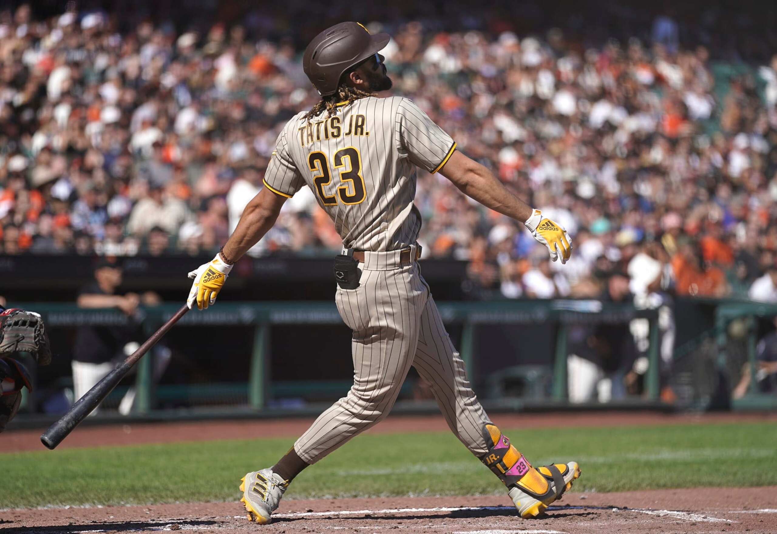 SAN FRANCISCO, CALIFORNIA - OCTOBER 02: Fernando Tatis Jr. #23 of the San Diego Padres bats against the San Francisco Giants in the top of the six inning at Oracle Park on October 02, 2021 in San Francisco, California. (Photo by Thearon W. Henderson/Getty Images)