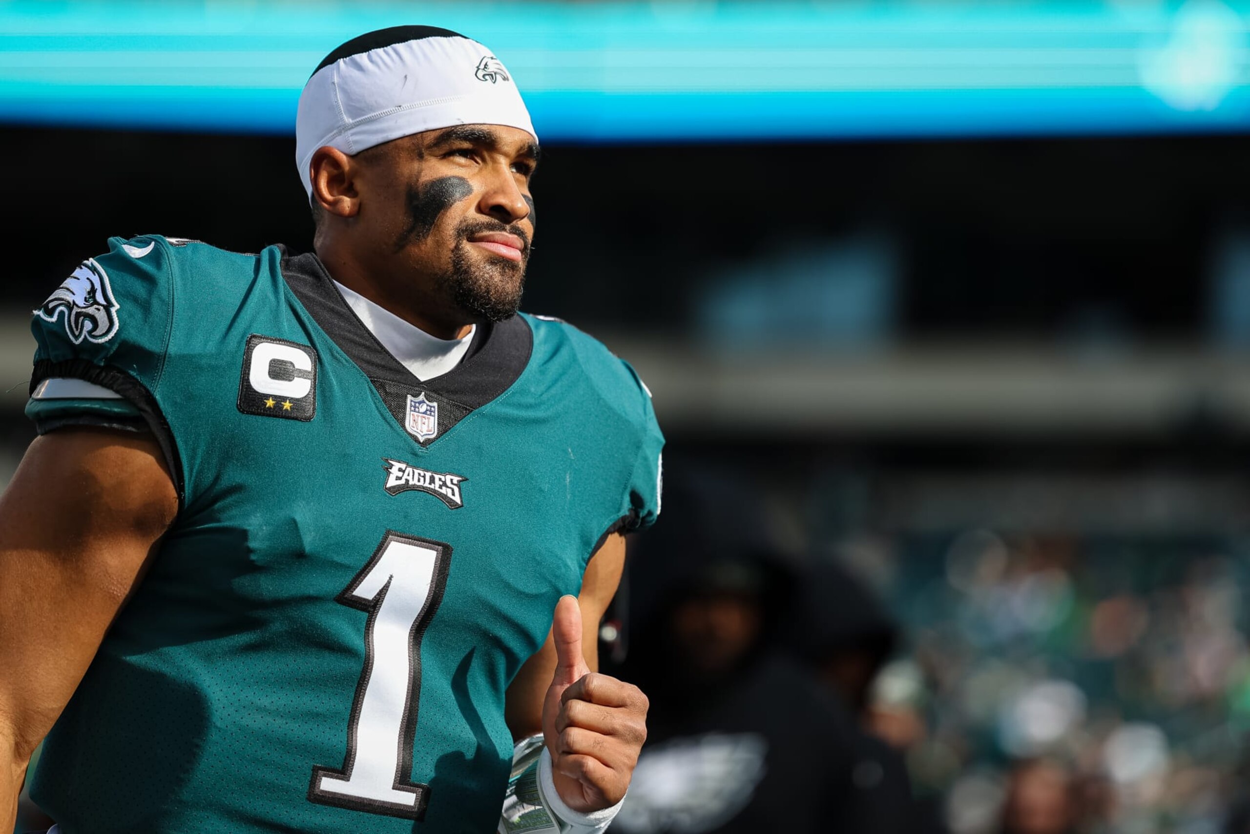 PHILADELPHIA, PA - DECEMBER 04: Jalen Hurts #1 of the Philadelphia Eagles looks on before the game against the Tennessee Titans at Lincoln Financial Field on December 4, 2022 in Philadelphia, Pennsylvania. (Photo by Scott Taetsch/Getty Images)